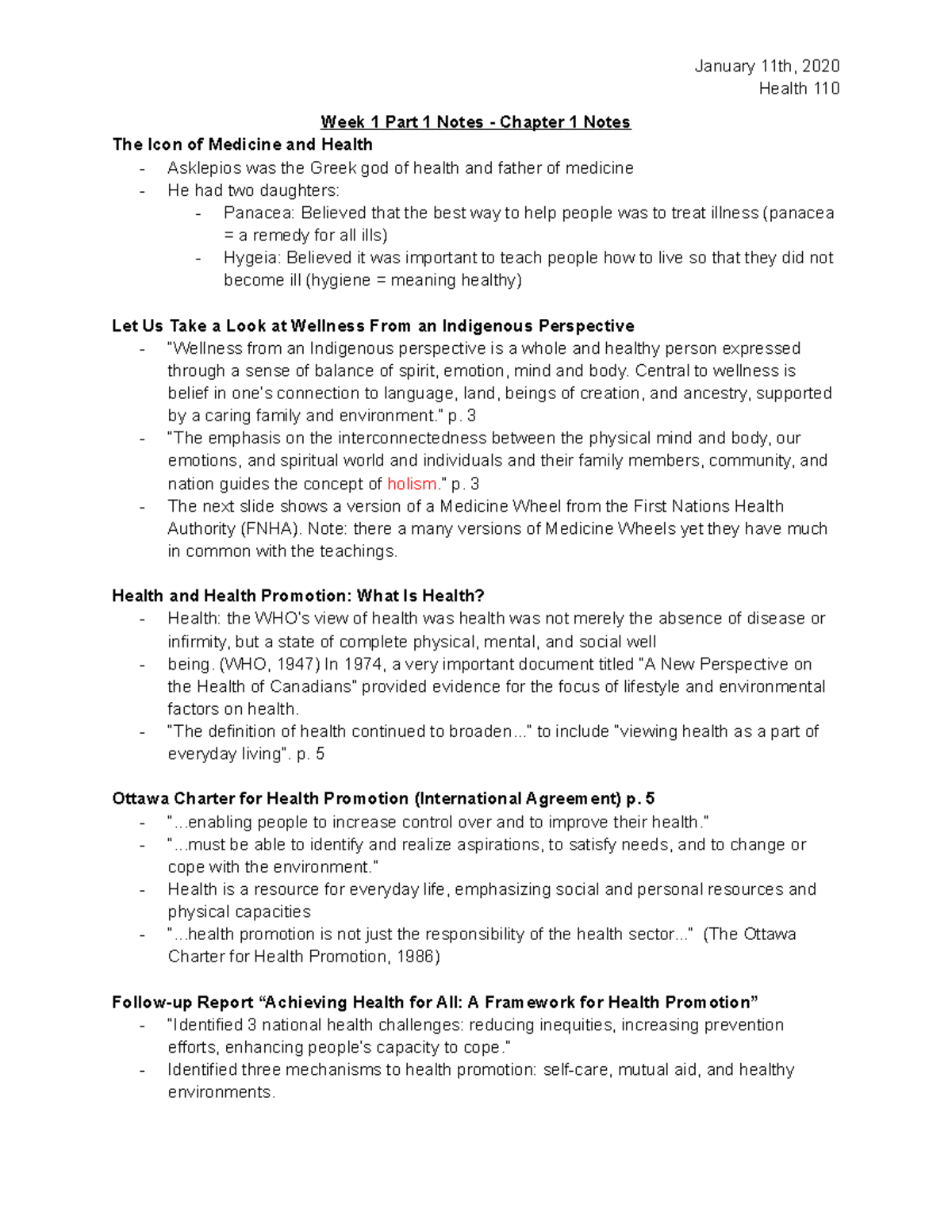 Week 1 Part 1 Notes Chapter 1 PPT - HLTH 110 - Health 110 Week 1 Part 1 ...