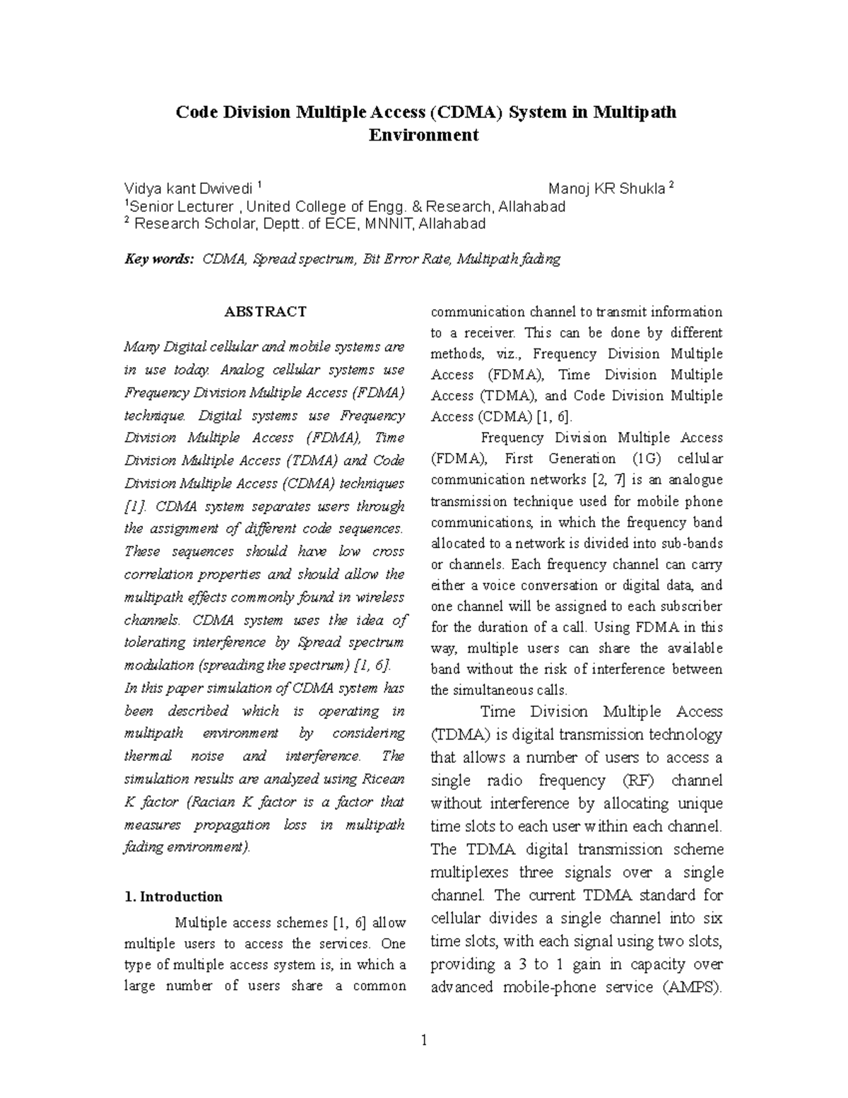 Code Division Multiple Access CDMA System in Multipath Environment ...