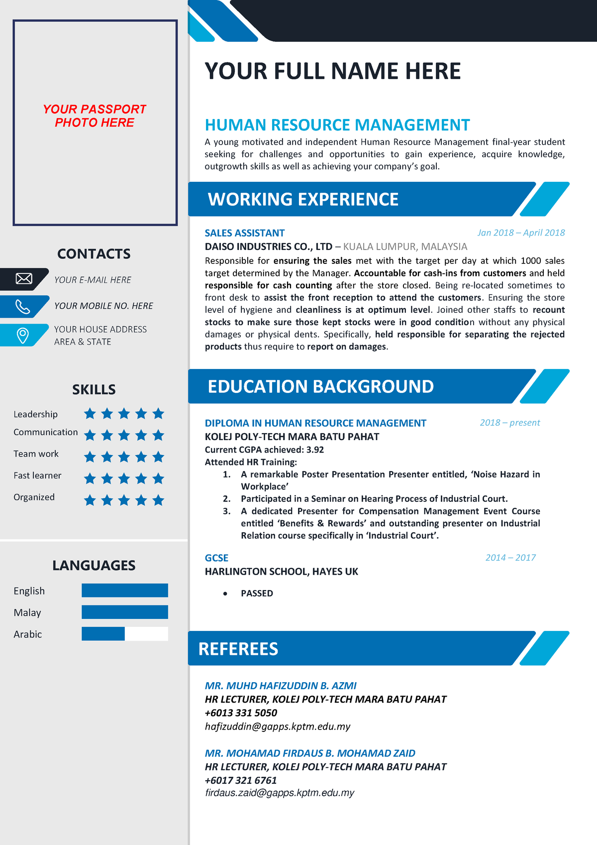 Resume Sample - CONTACTS SKILLS Leadership Communication Team work ...