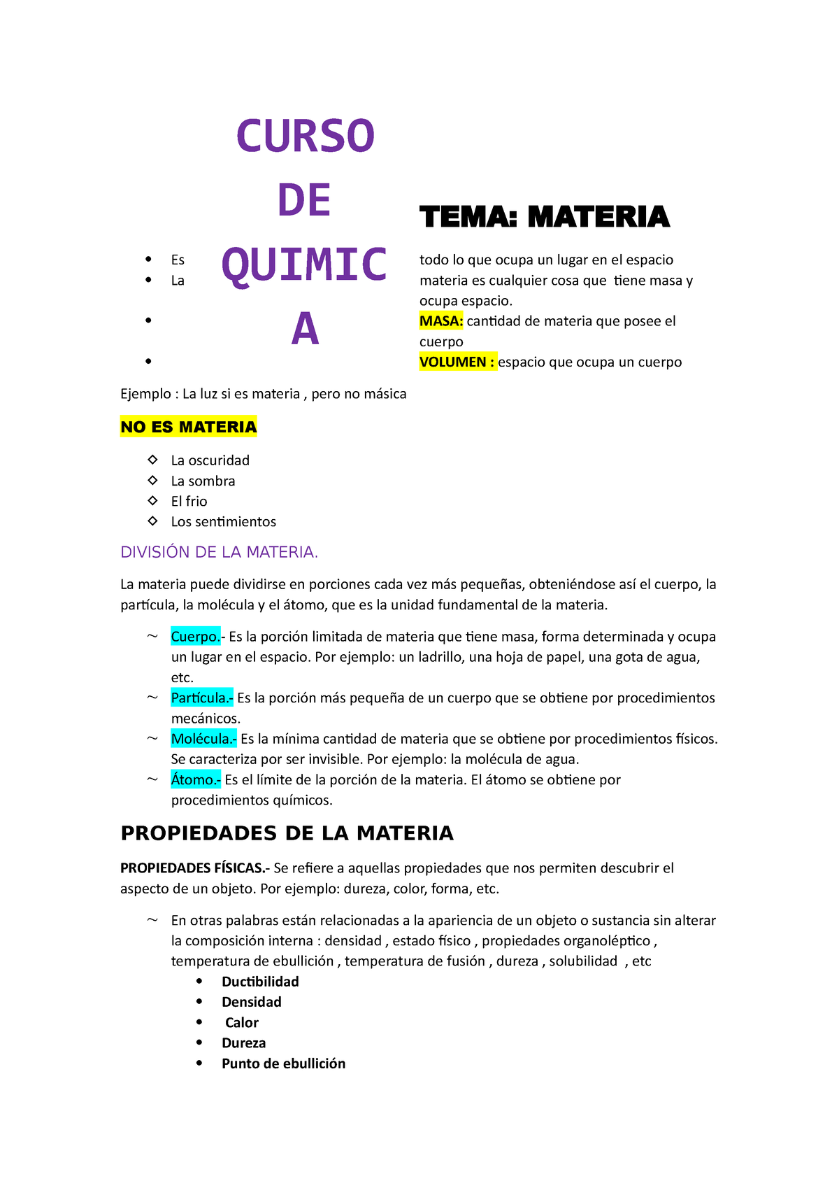 Quimica Tema Materia Es Todo Lo Que Ocupa Un Lugar En El Espacio La Materia Es 1805