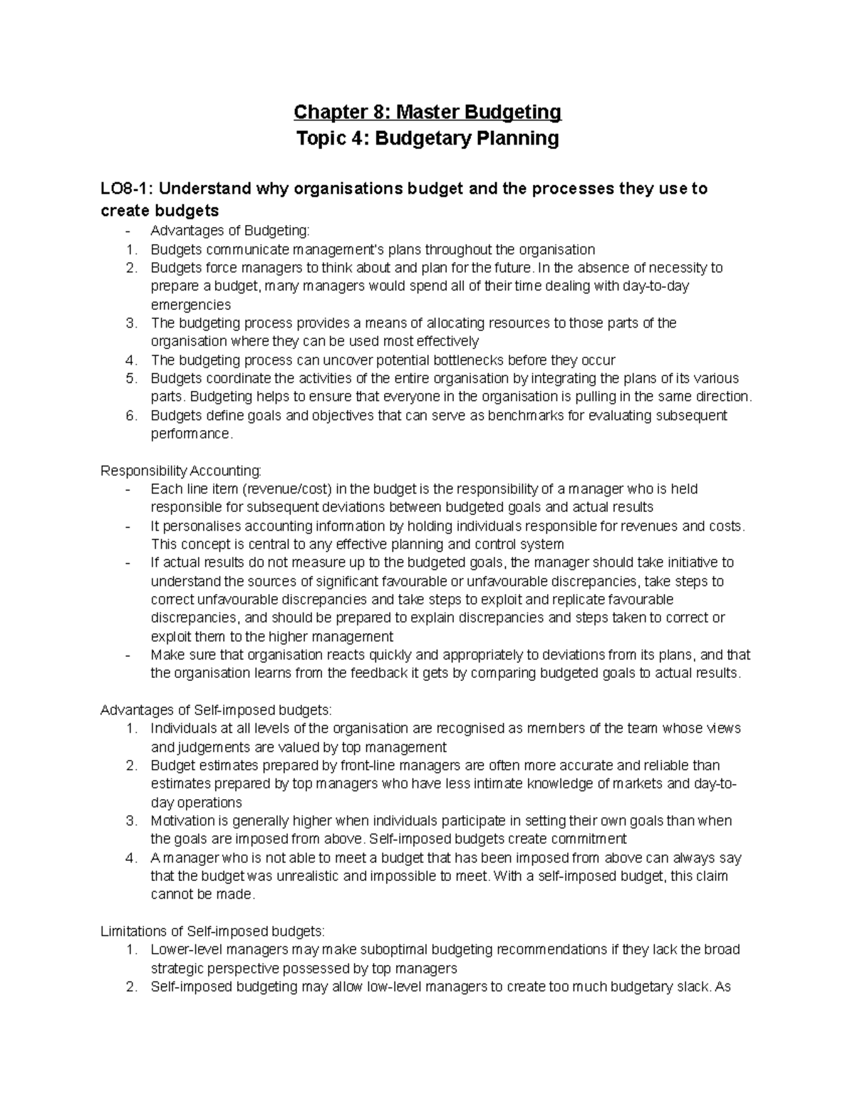 MA Sem 4 Chapter 8 - Chapter 8: Master Budgeting Topic 4: Budgetary ...