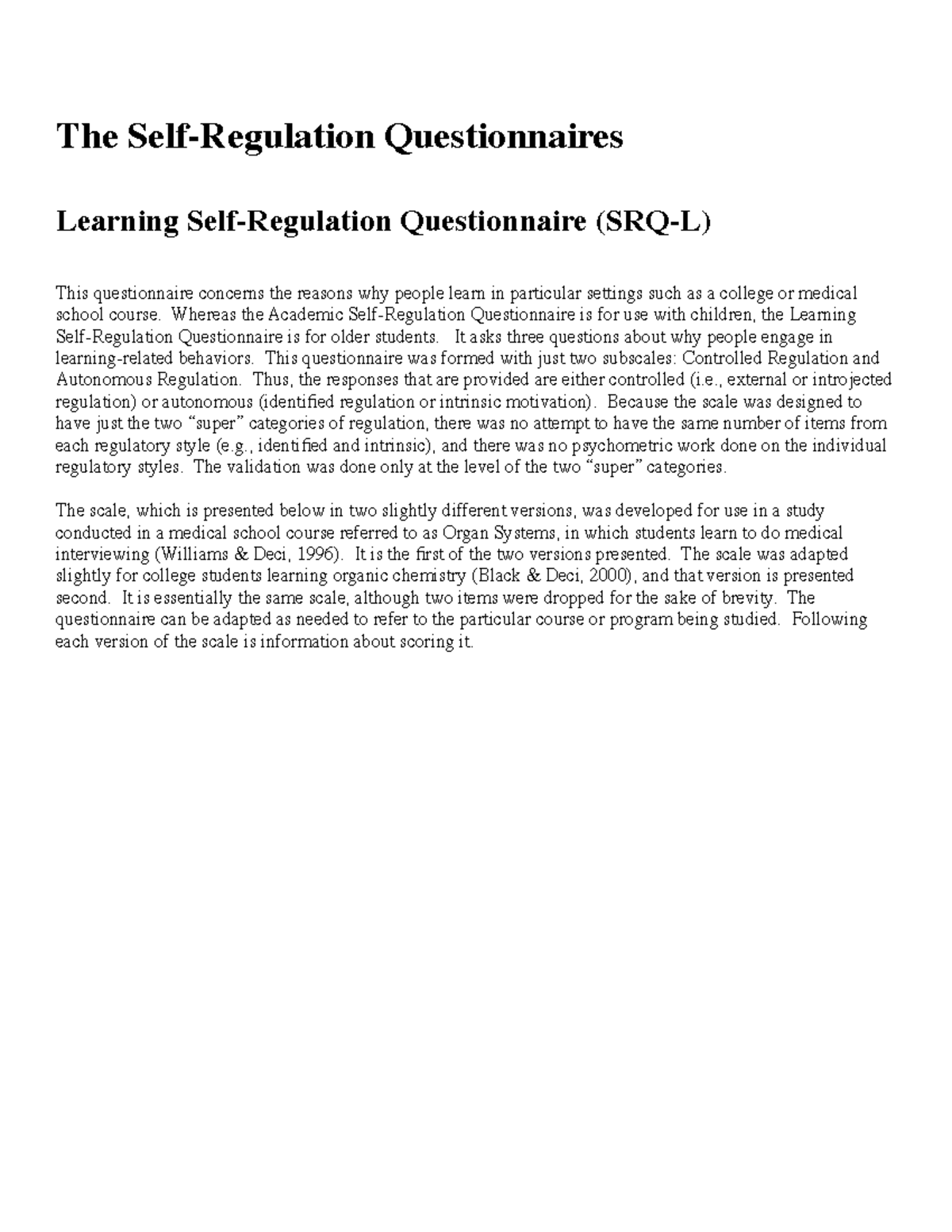 Srqlearning Questionnaire Sample The SelfRegulation