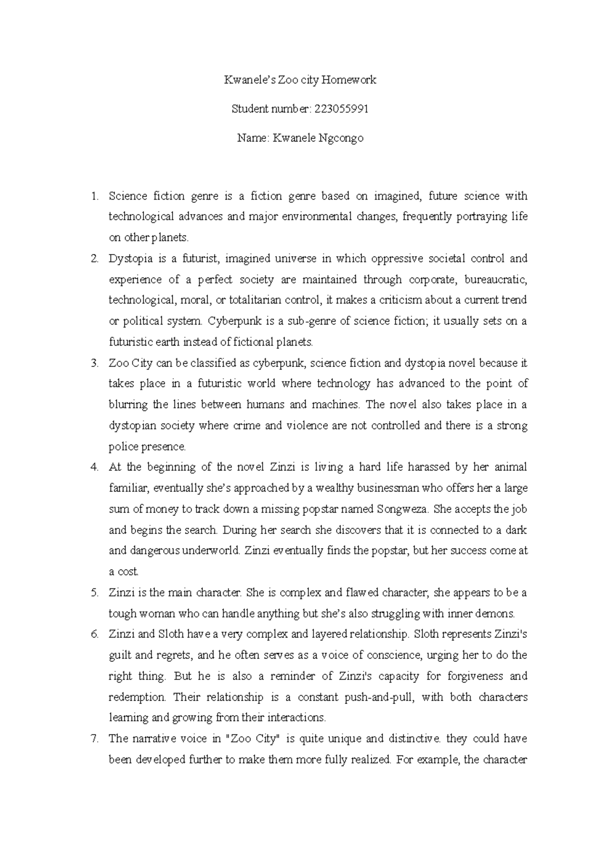 Zoo City tut READING MATERIAL Kwanele’s Zoo city Homework Student