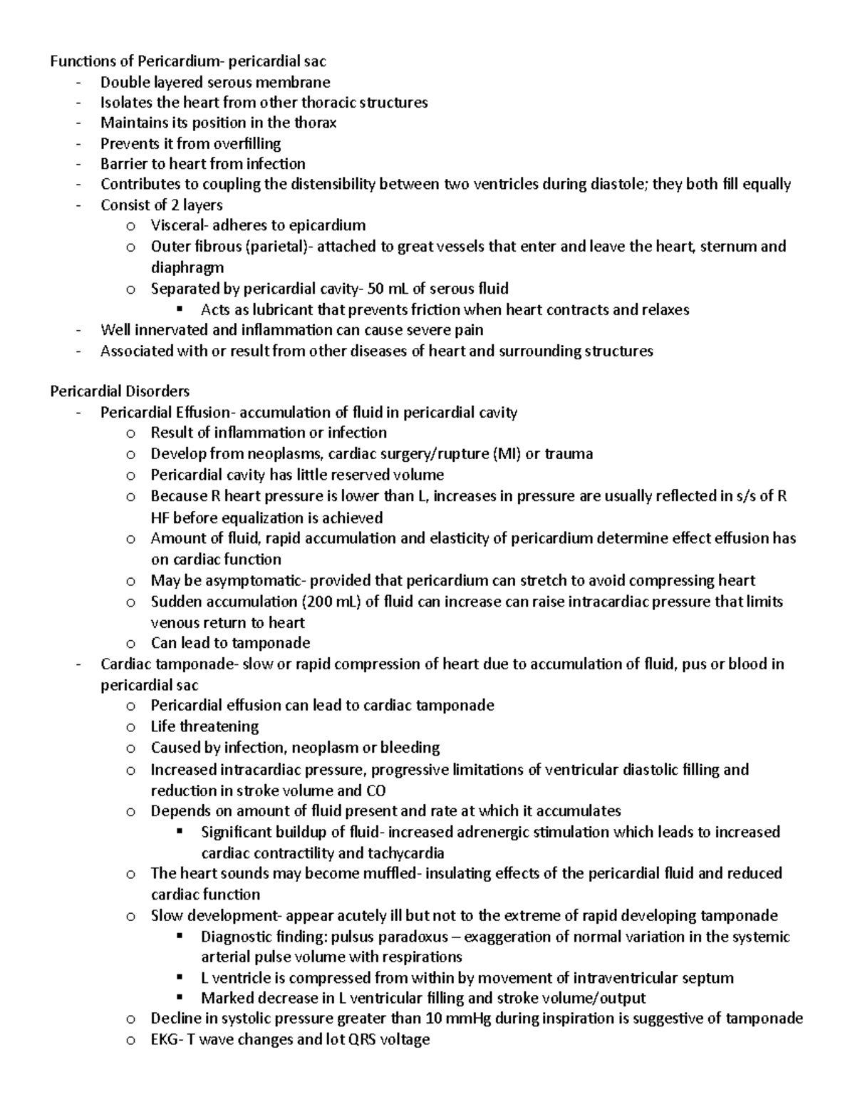 Disorders of Cardiac Function - Functions of Pericardium- pericardial ...