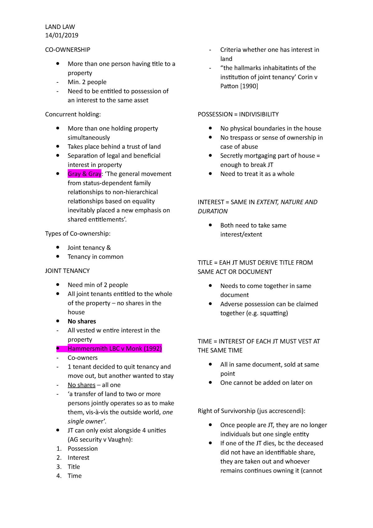 Co-ownership - Co-ownership Lecture Notes - LAND LAW 14/01/ CO ...