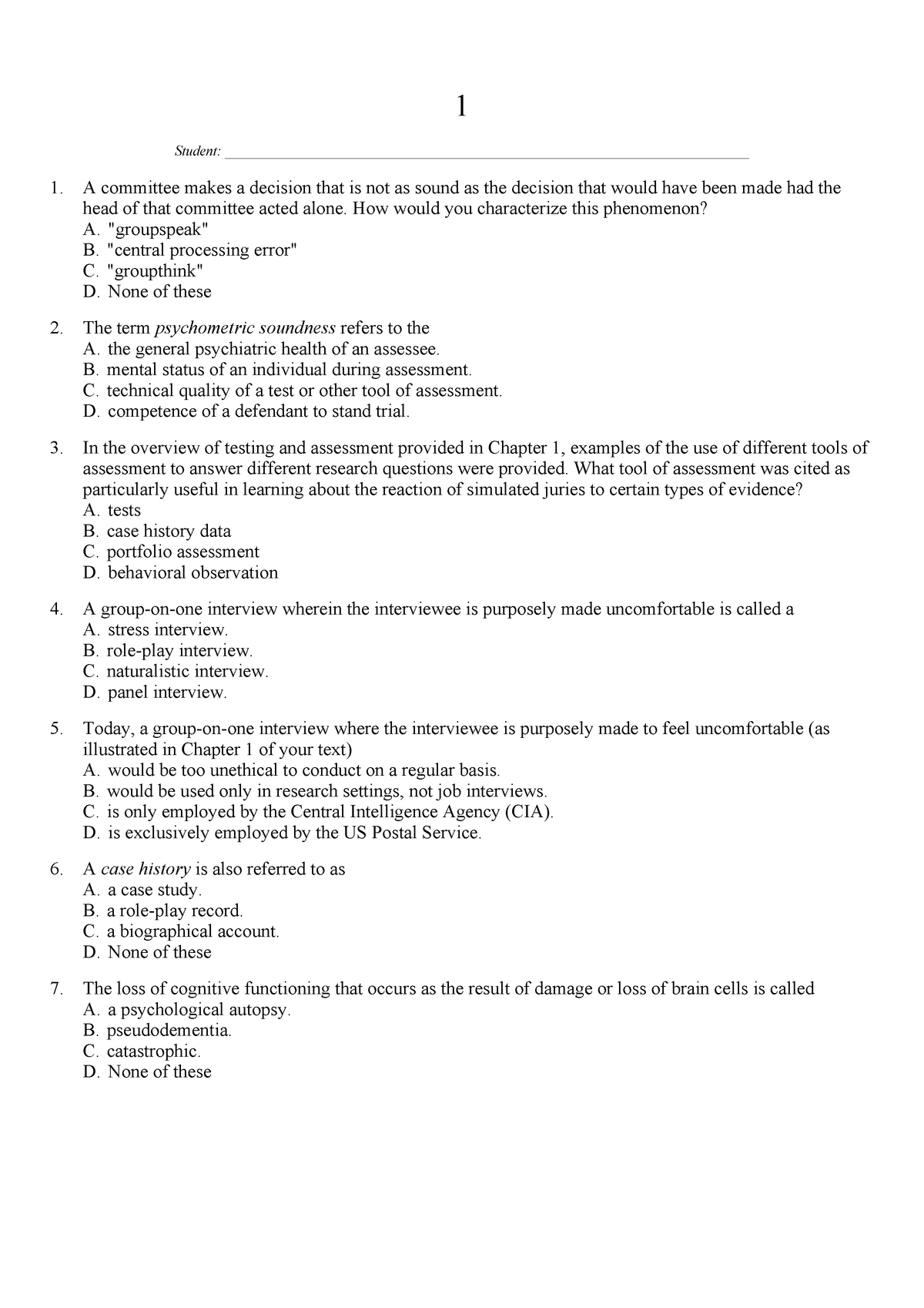 Psychological Testing And Assessment Cohen 8th Tb - 1 Student: - Studocu