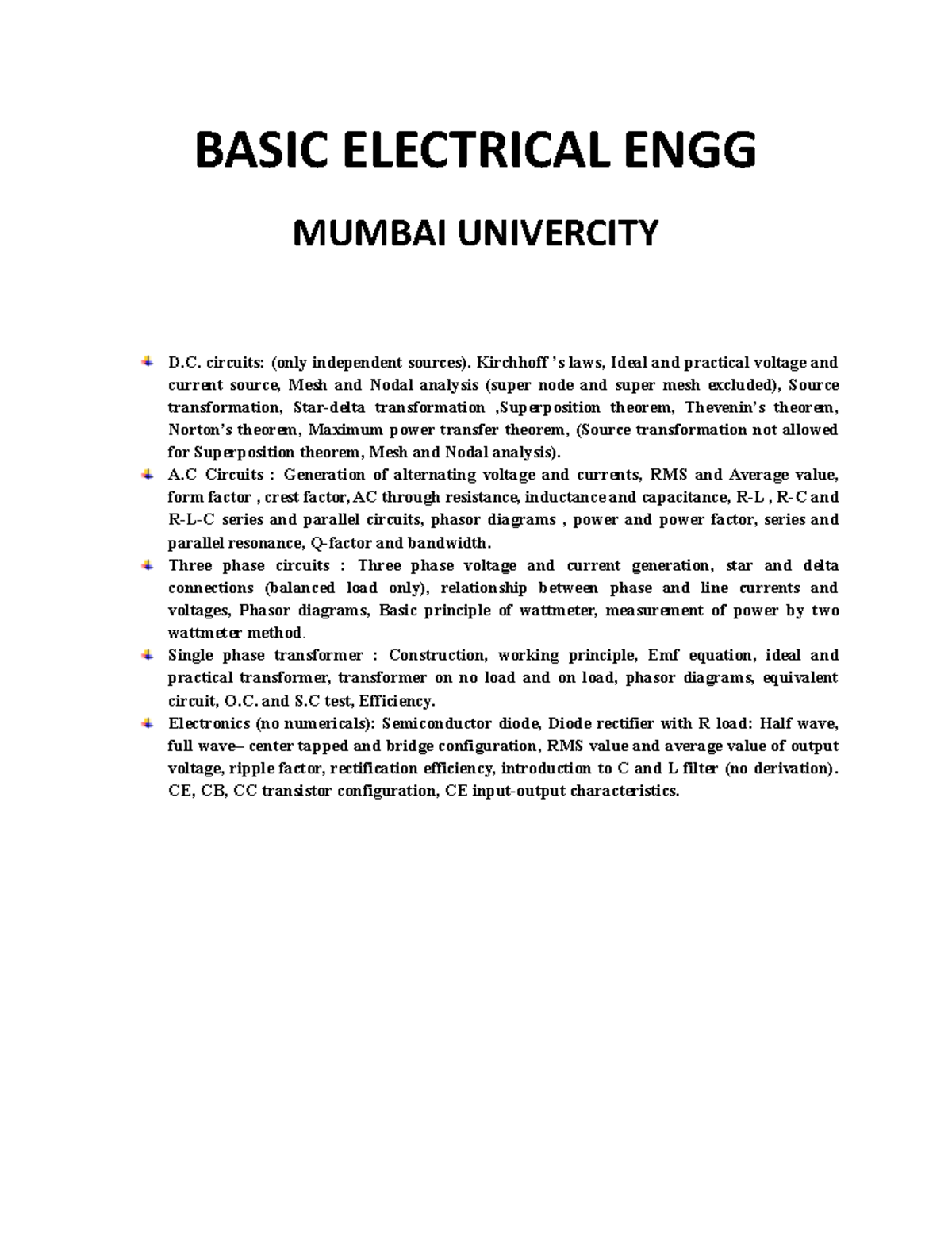Basic Electrical ENGG BASIC ELECTRICAL ENGG MUMBAI UNIVERCITY D