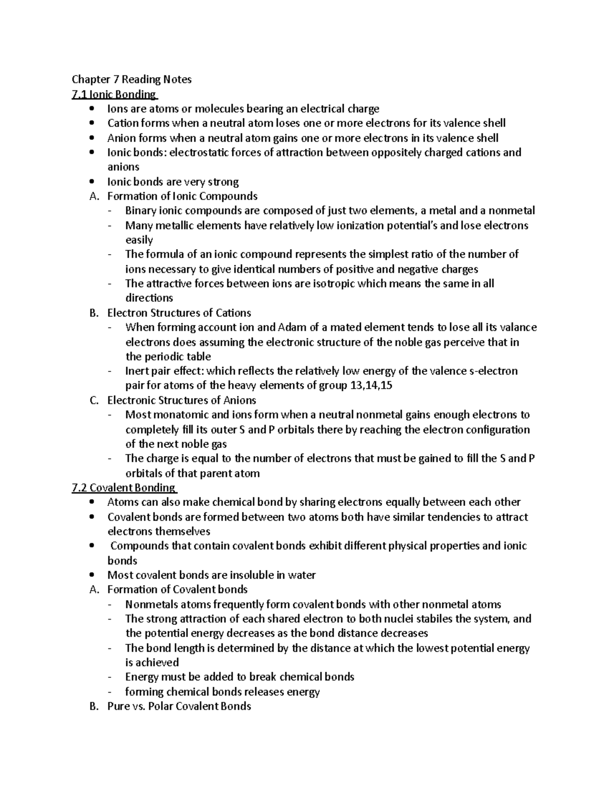 Chapter 7 Reading Notes - Chapter 7 Reading Notes 7 Ionic Bonding Ions ...
