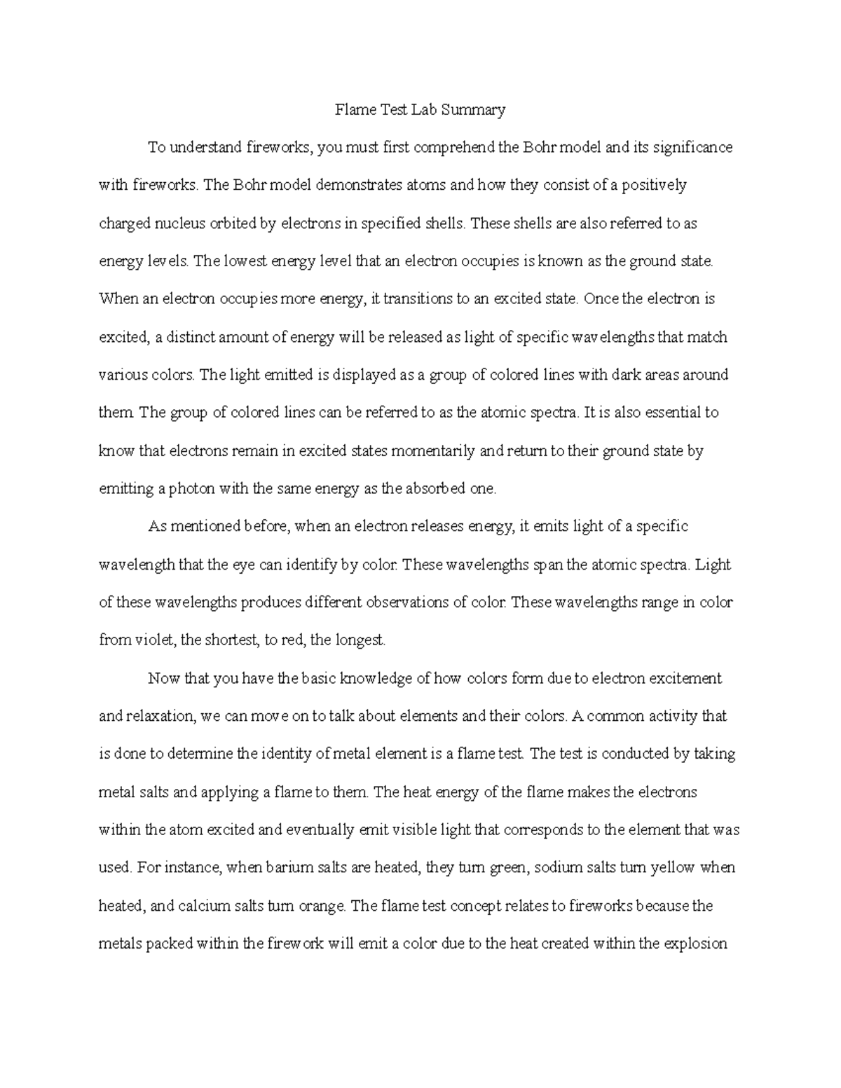 Flame Test Lab 01 29 Flame Test Lab Summary To understand fireworks