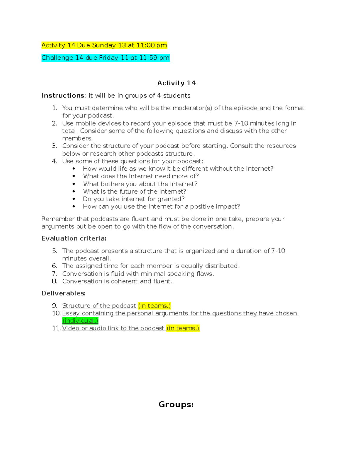 Activity 14 - .......... - Activity 14 Due Sunday 13 at 11:00 pm ...
