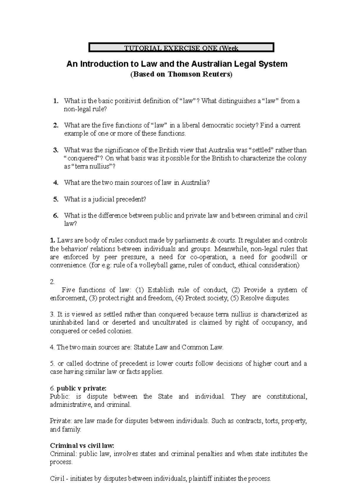 Law scaffold 1 TUTORIAL EXERCISE ONE (Week An Introduction to Law and