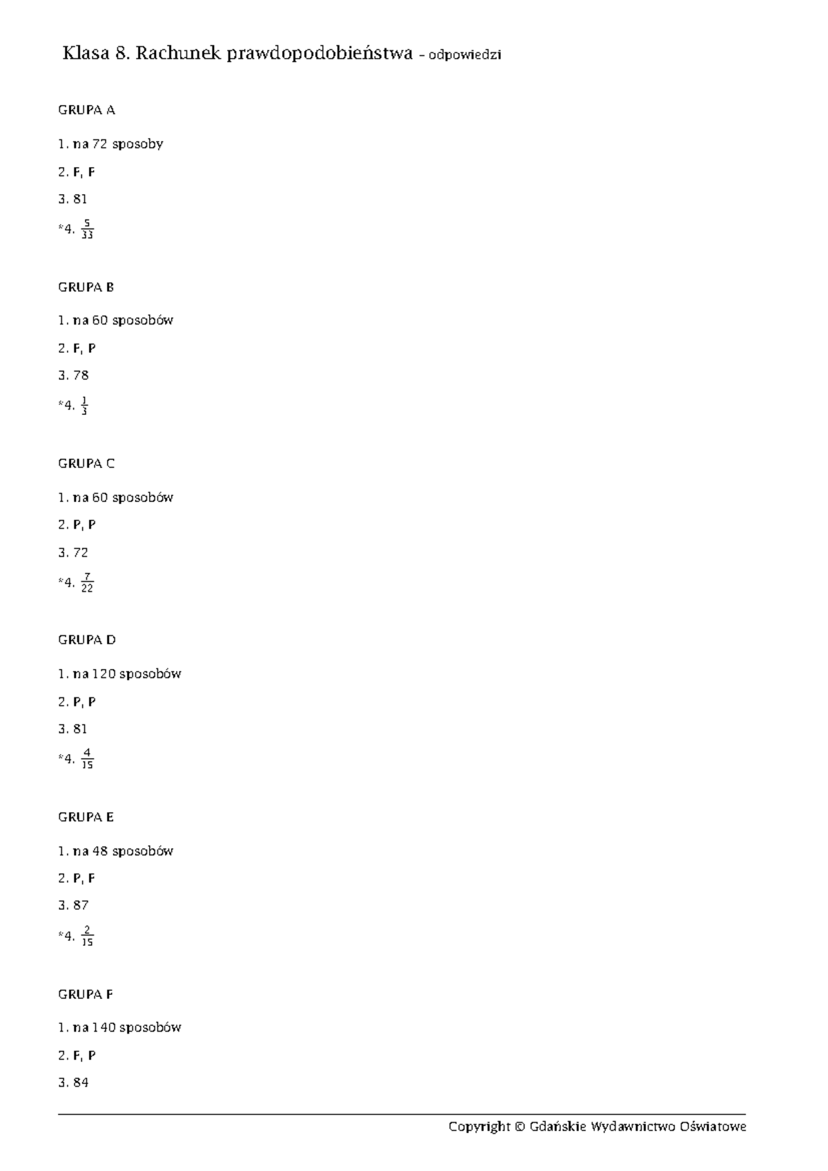 0.Klasa 8. Rachunek prawdopodobieństwa Odpowiedzi - Matematyka - Klasa