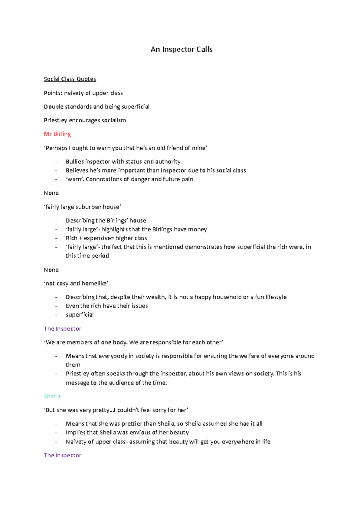 An inspector calls an inspector calls social class quotes points