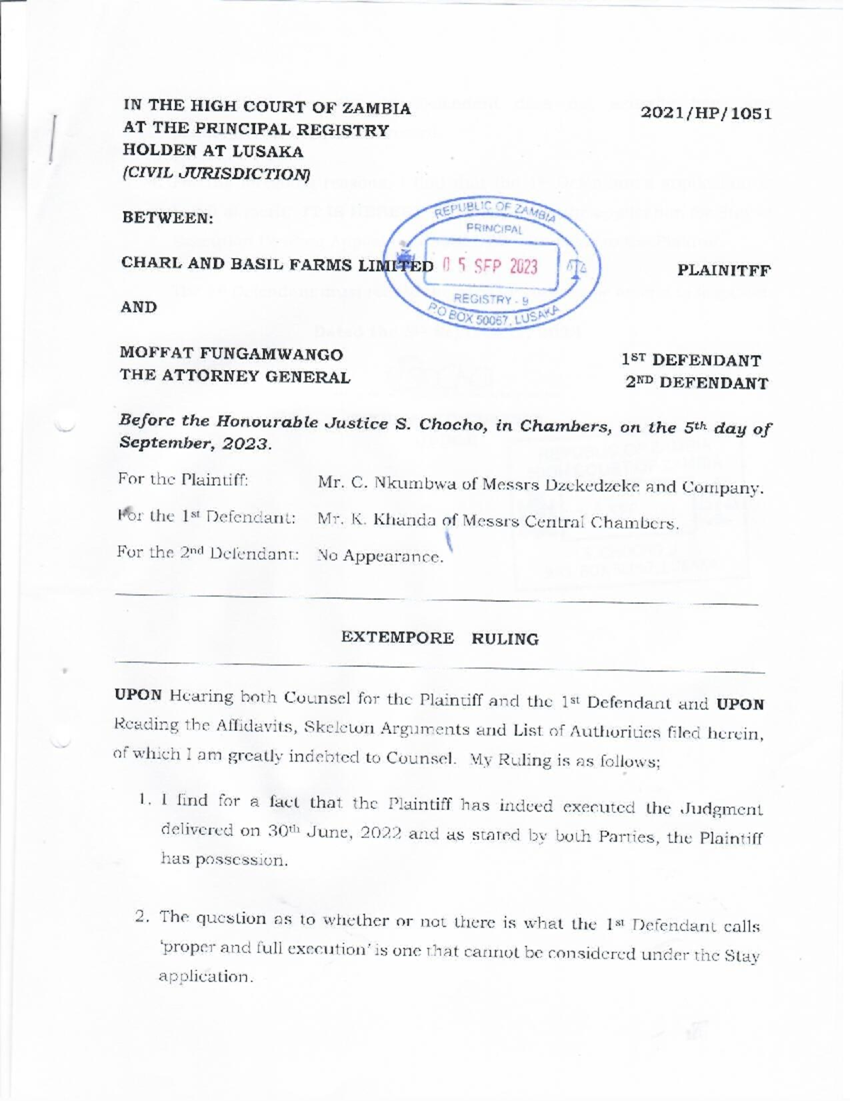 Extempore Ruling Charl & Basil - IN THE HIGH COURT OF ZAMBIA AT THE ...