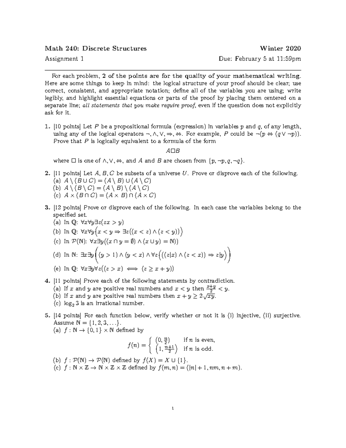 Assignment 1 Math 240 - Math 240: Discrete Structures Winter 2020 ...