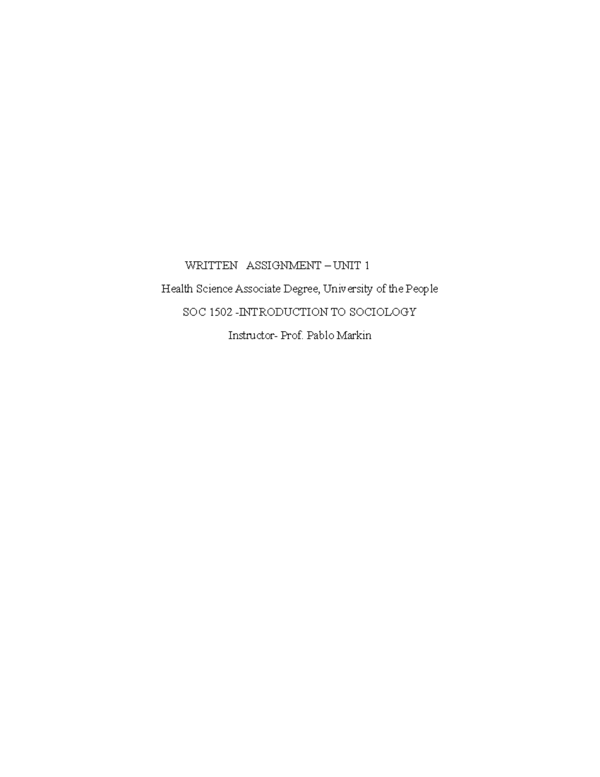 Soc 1502 Written Assignment Unit I Written Assignment Unit 1 Health Science Associate Soc 1502 Written Assignment Unit I Written Assignment Unit 1 Health Science Associate