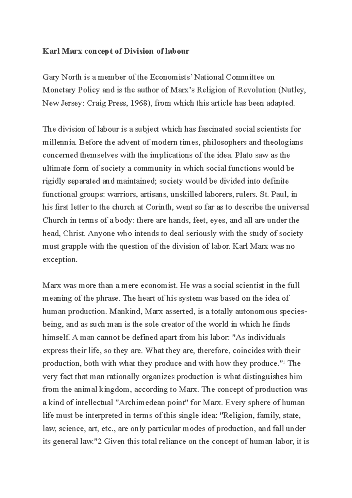 Karl Marx concept of Division of labour - The division of labour is a ...