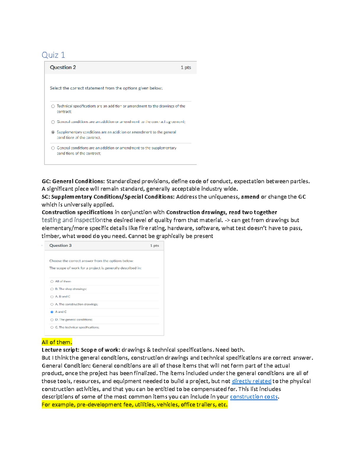 CIV1279H- Construction Contract Quiz 1 Material - Quiz 1 GC: General ...