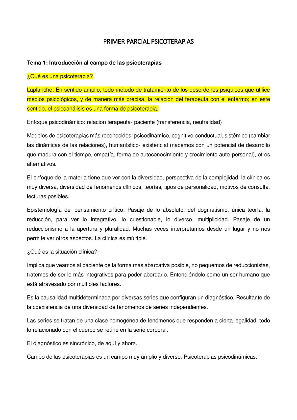 Primer Parcial Psicoterapias - PRIMER PARCIAL PSICOTERAPIAS Tema 1 ...