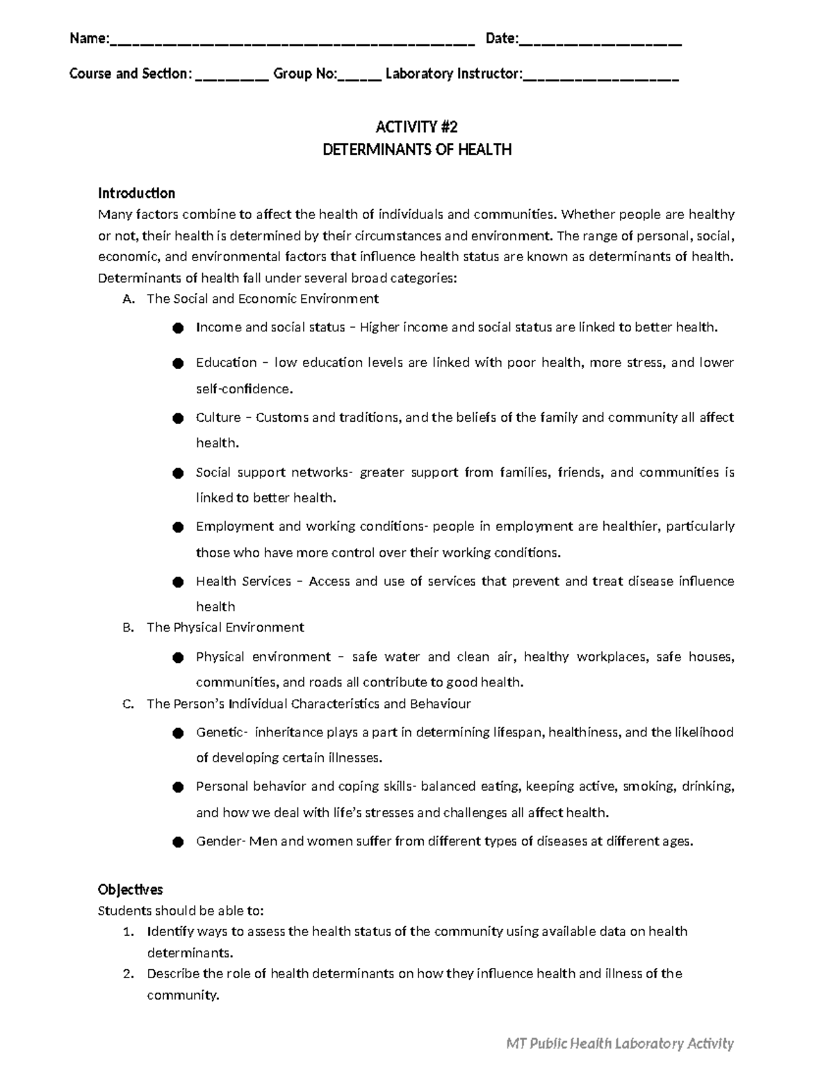 PH+ Activity+2+Determinants+of+Health - Course and Section ...