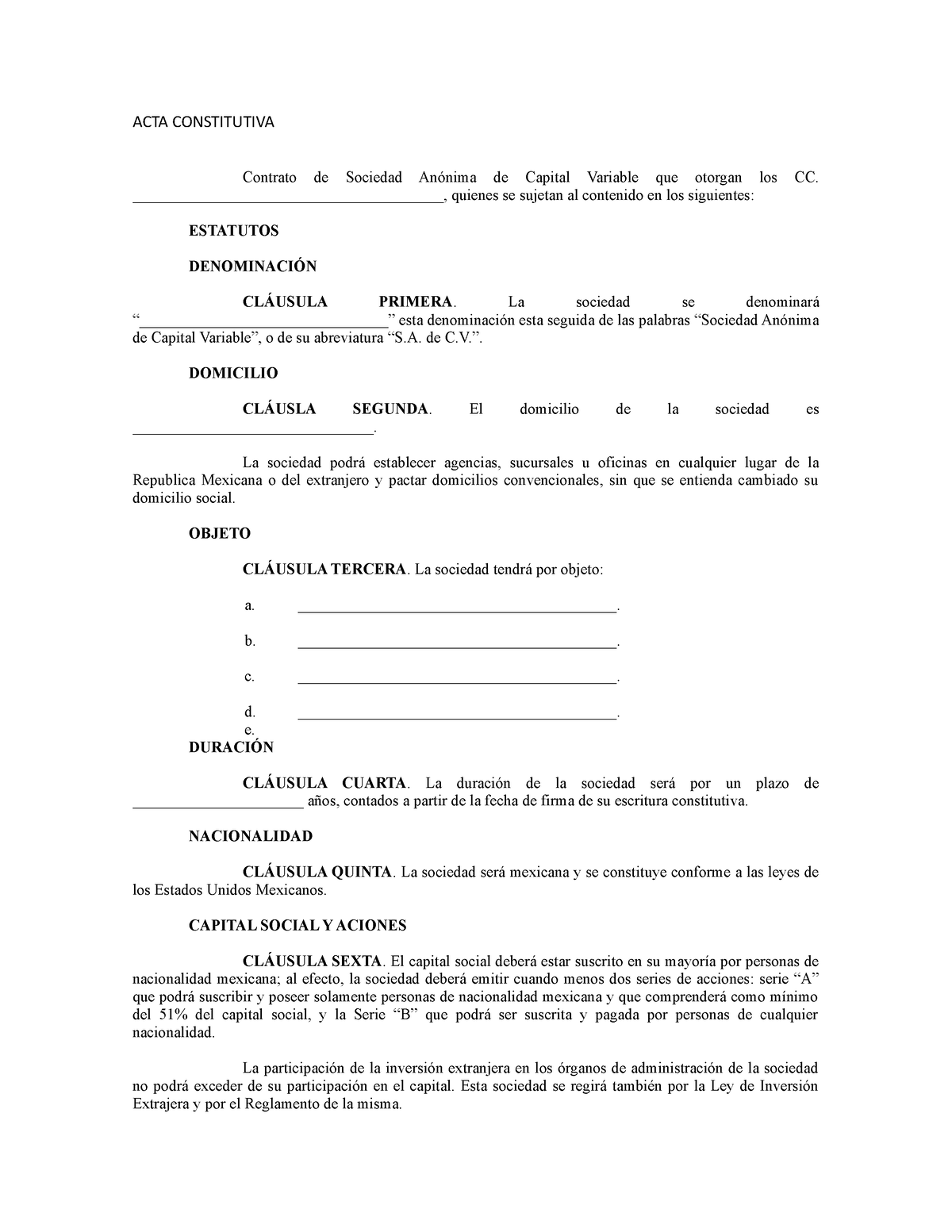 Acta Constitutiva De Sociedad Anónima De Capital Variable 3 Acta Constitutiva Contrato De 