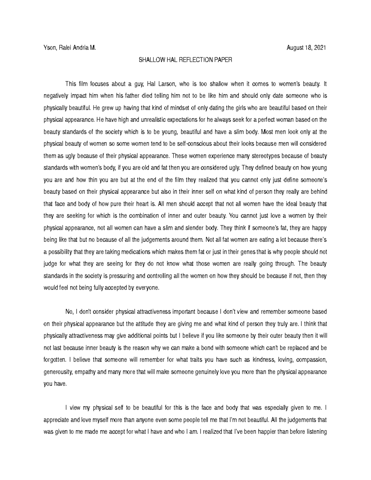 Shallow Hal Yson, Ralei Andria M. August 18, 2021 SHALLOW HAL