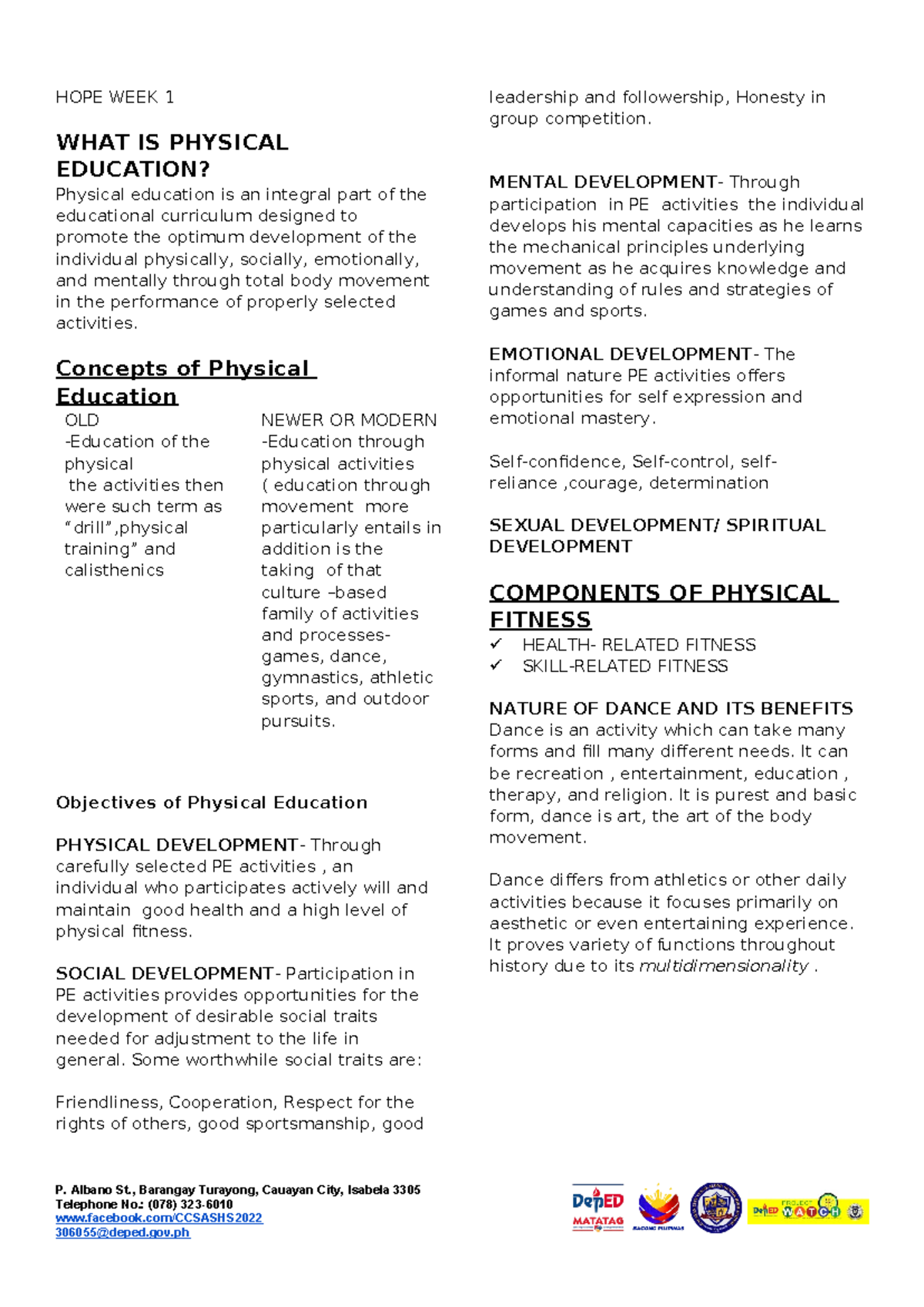 Hope 3 reviewer - hope 3 - HOPE WEEK 1 WHAT IS PHYSICAL EDUCATION ...