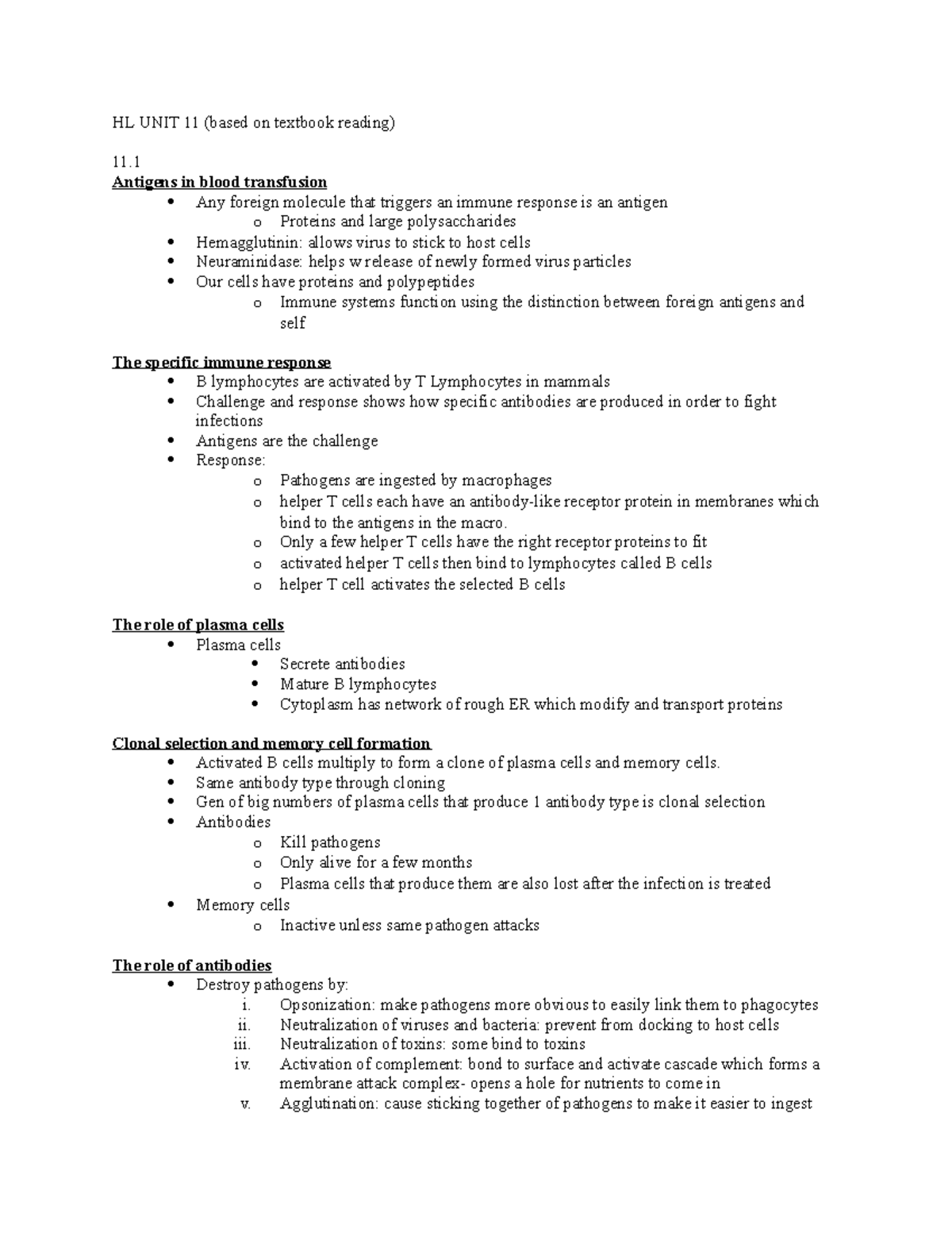 HL UNIT 11 Notes - HL UNIT 11 (based on textbook reading) Antigens in ...