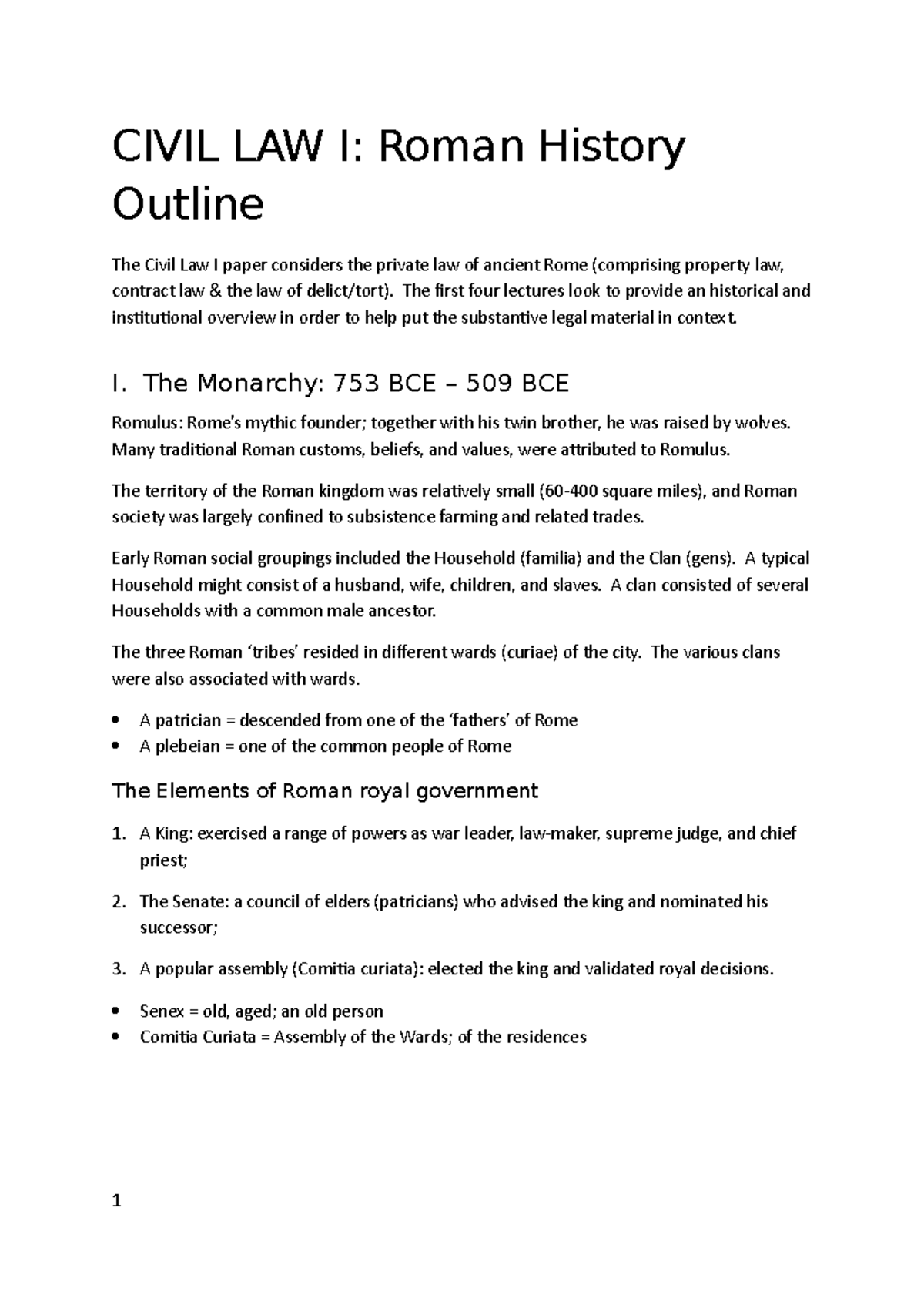 2019-20 HO1 Melikan History - CIVIL LAW I: Roman History Outline The ...