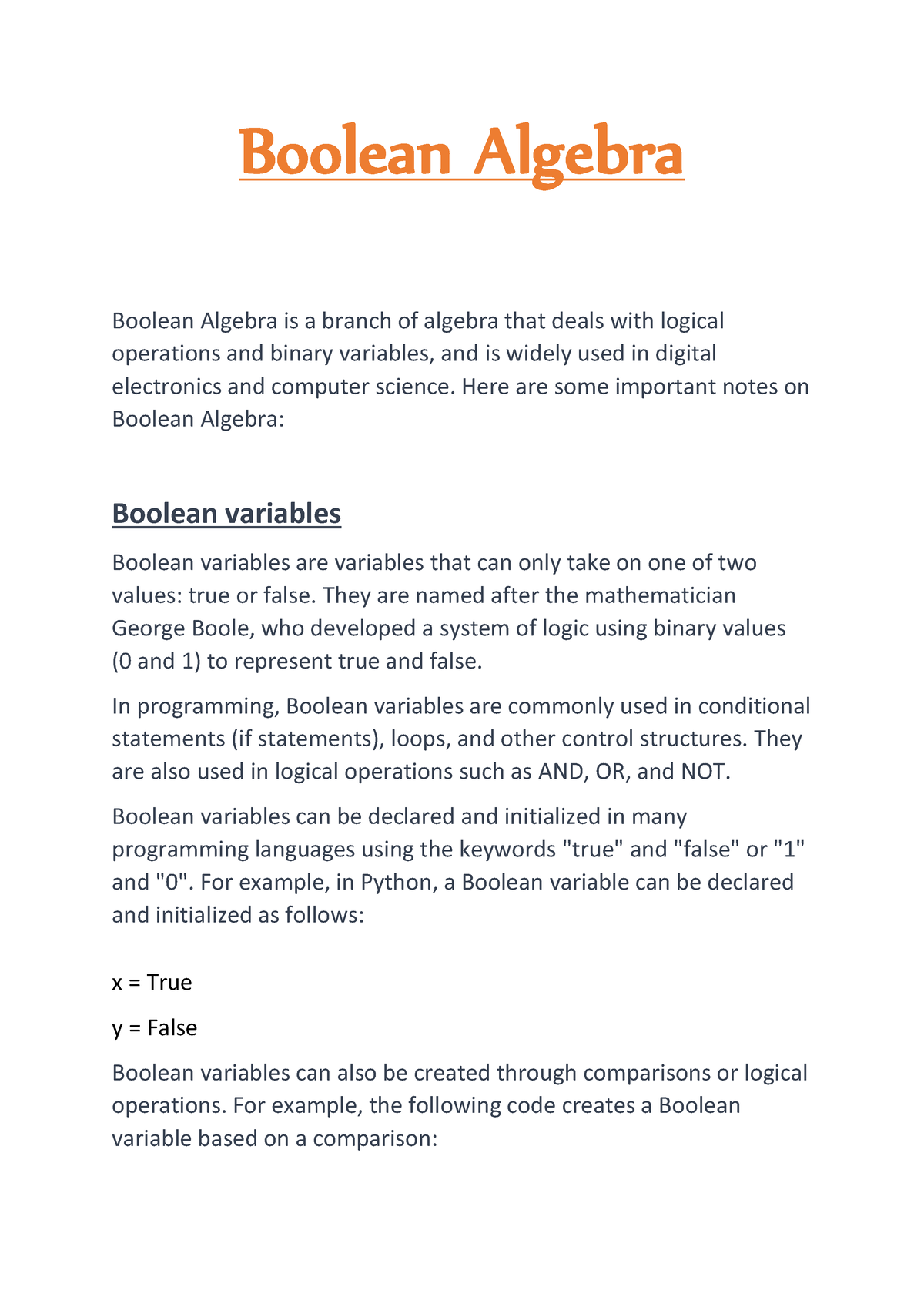 Full Notes On Boolean Algebra - Boolean Algebra Boolean Algebra Is A ...