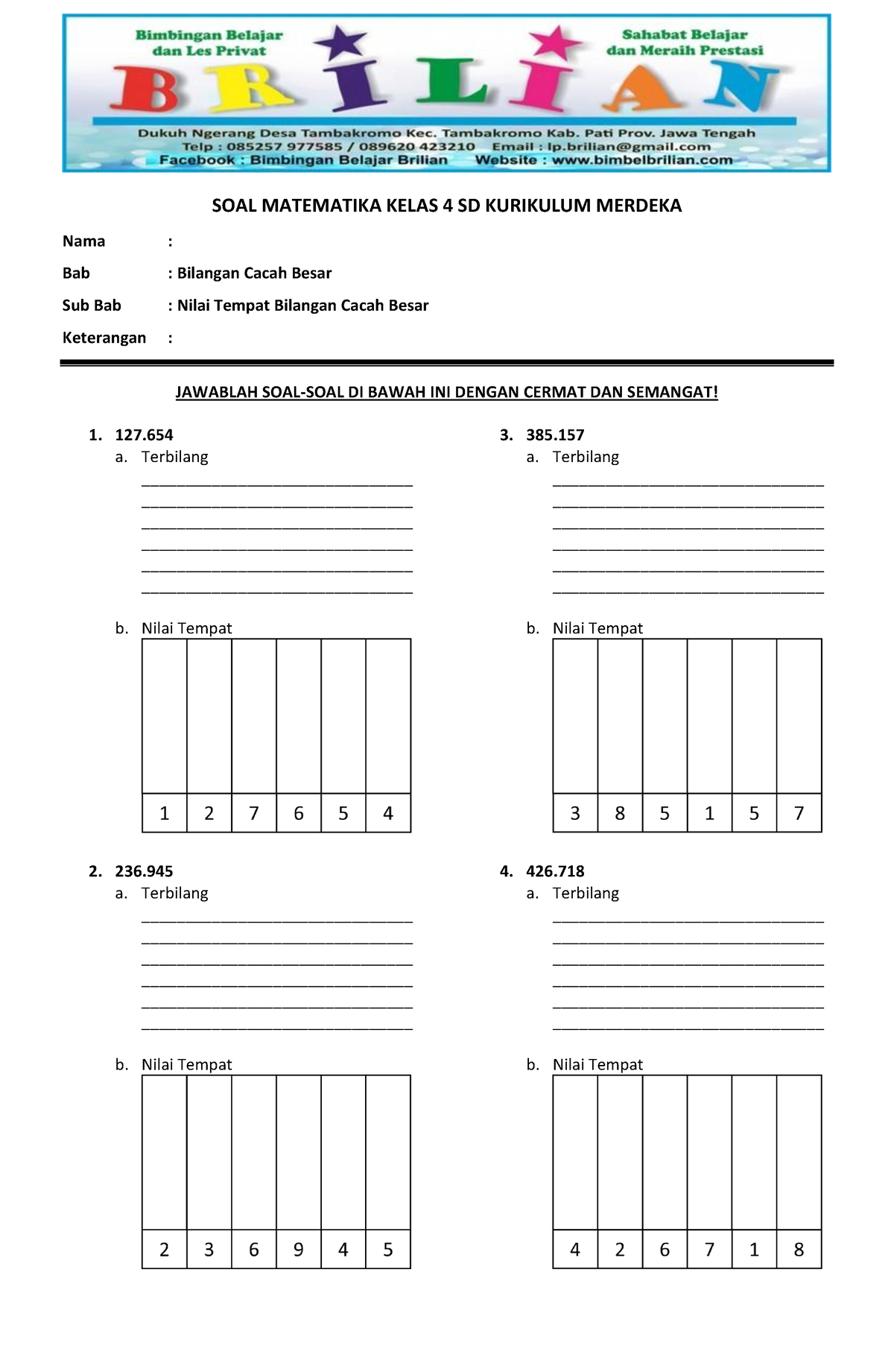 Soal Matematika Kelas 4 SD Bab Nilai Tempat Bilangan (www - SOAL ...