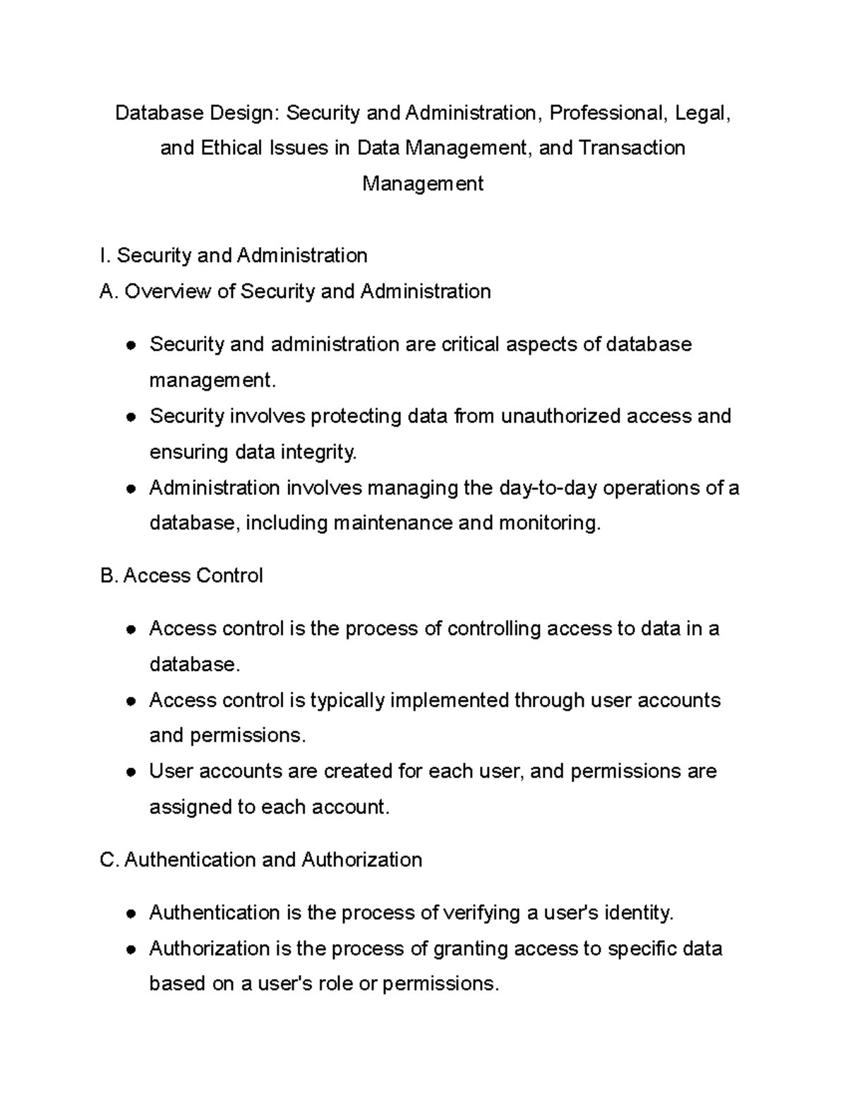 Database Design Security and Administration Professional Legal and ...