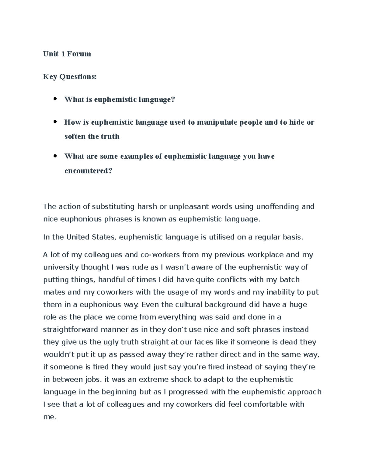 Unit 1 Forum-10 - unit 1 - Unit 1 Forum Key Questions: What is ...