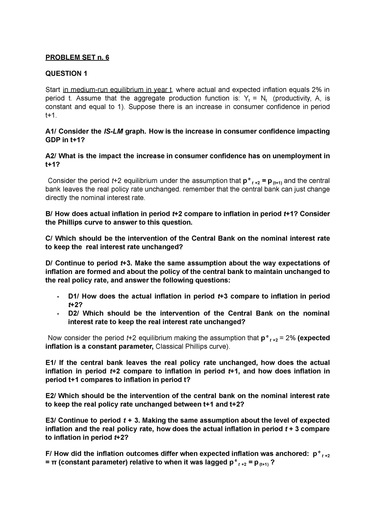 Macro Ps6 - Problem Set 6 - PROBLEM SET N. 6 QUESTION 1 Start In Medium ...