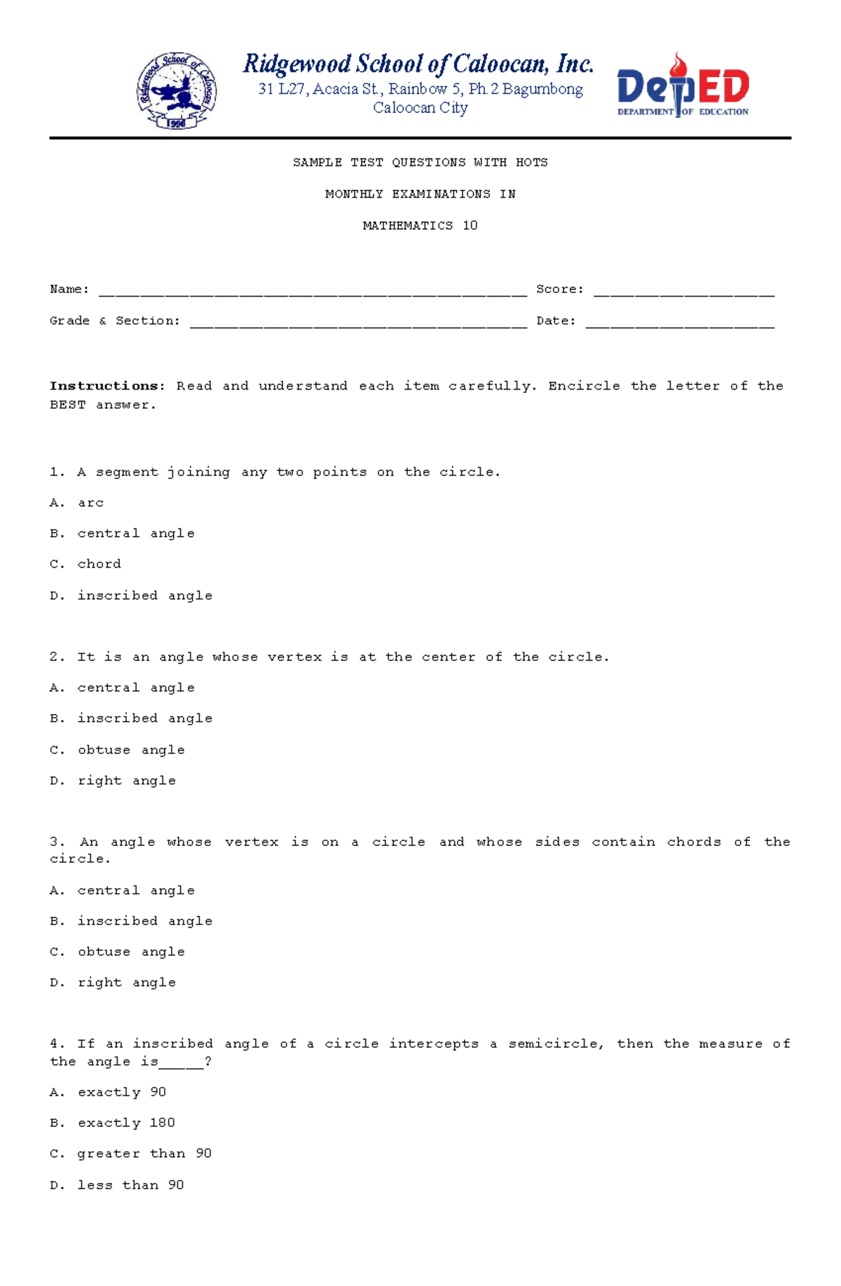 Sample EXAM WITH HOTS IN MATH 10 - Ridgewood School of Caloocan, Inc ...