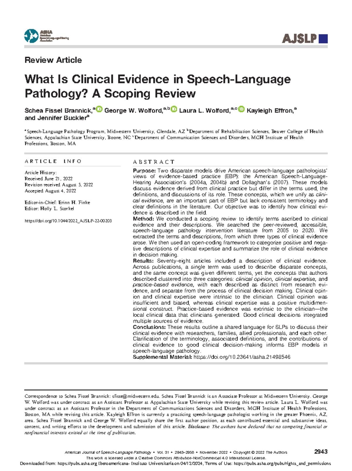 Fissel brannick et al 2022 what is clinical evidence in speech language ...