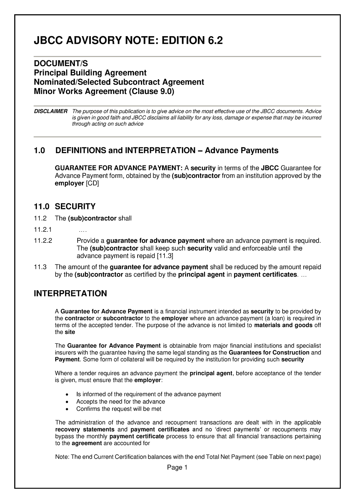 JBCC Advisory NOTE 1.0 Advance Payment Ed 6 - Page 1 JBCC ADVISORY NOTE ...