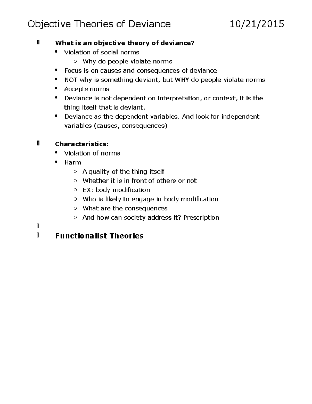 Part 2 Class Otes - Objective Theories of Deviance 10/21/ What is an ...