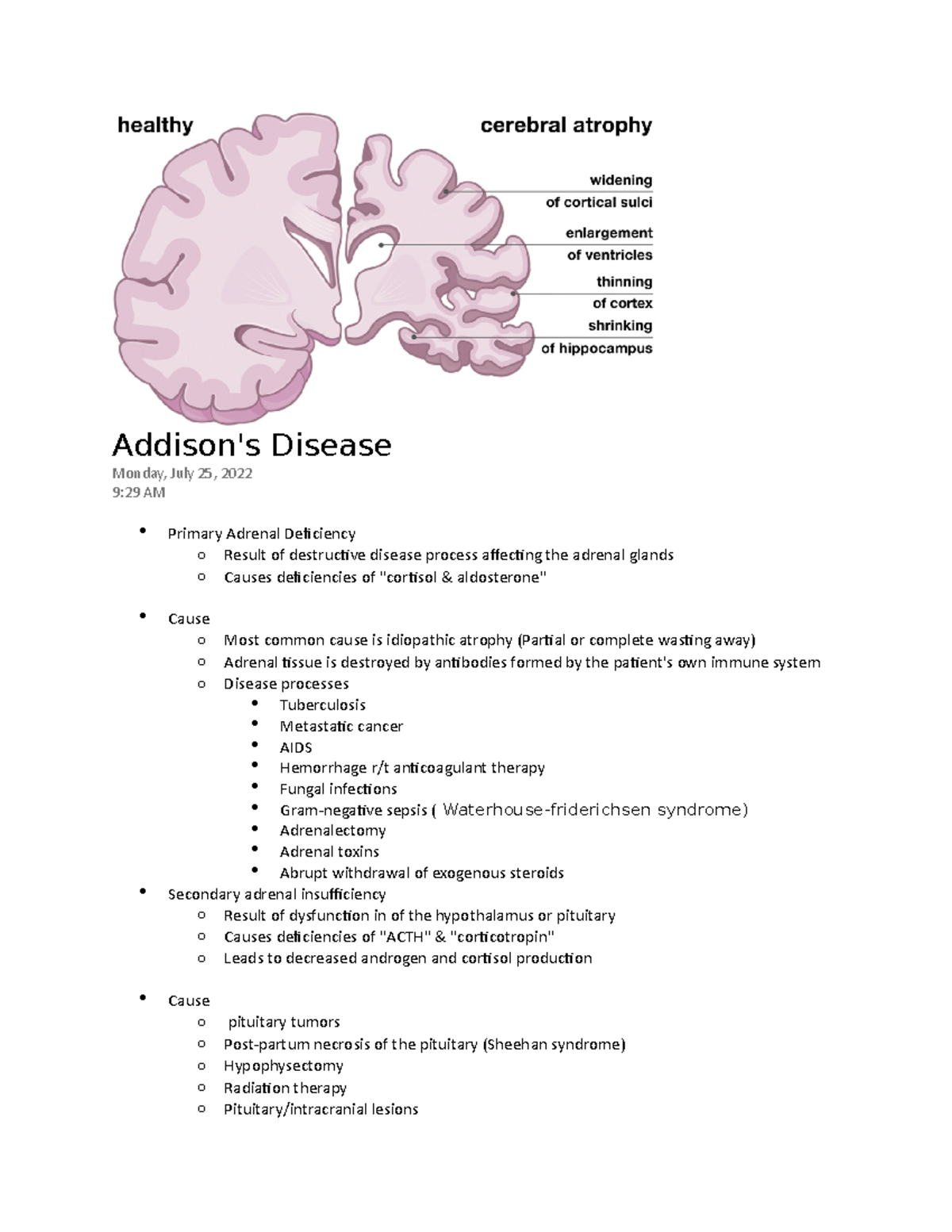 Addison's Disease - lecture notes - Addison's Disease Monday, July 25 ...