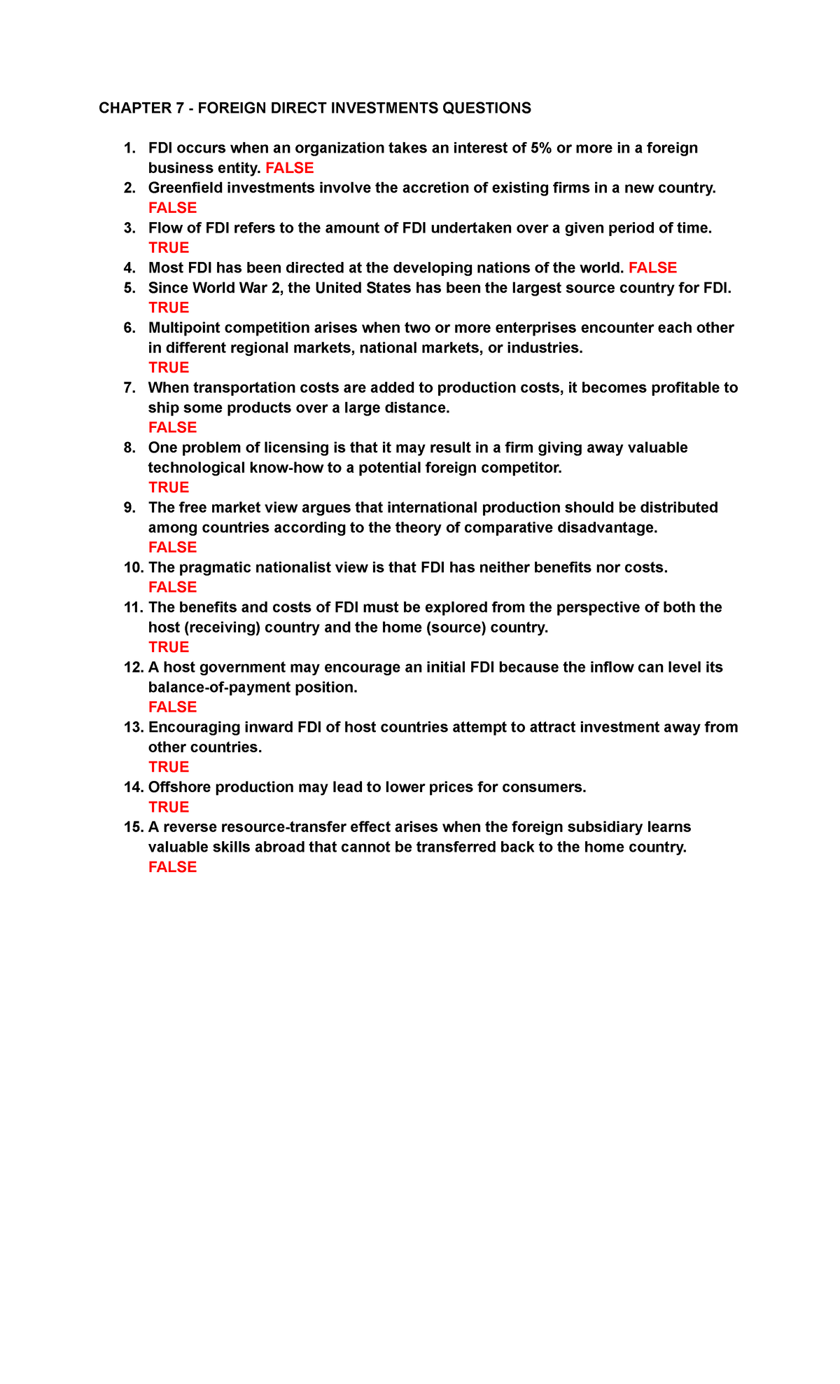 Chapter 8 Foreign Direct Investments Questions - CHAPTER 7 - FOREIGN ...