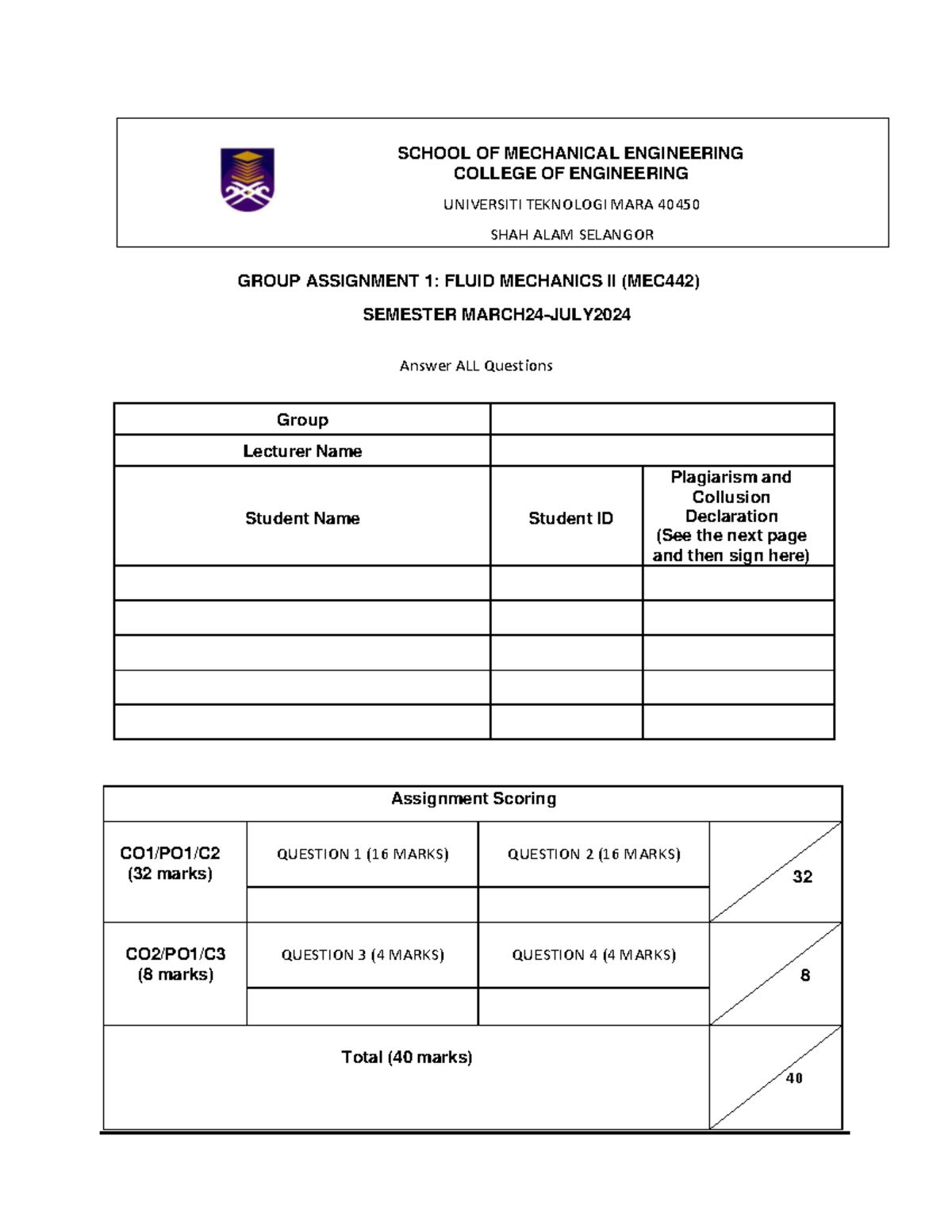 MEC442 Assignment 1 MAC243 V2 - GROUP ASSIGNMENT 1: FLUID MECHANICS II ...