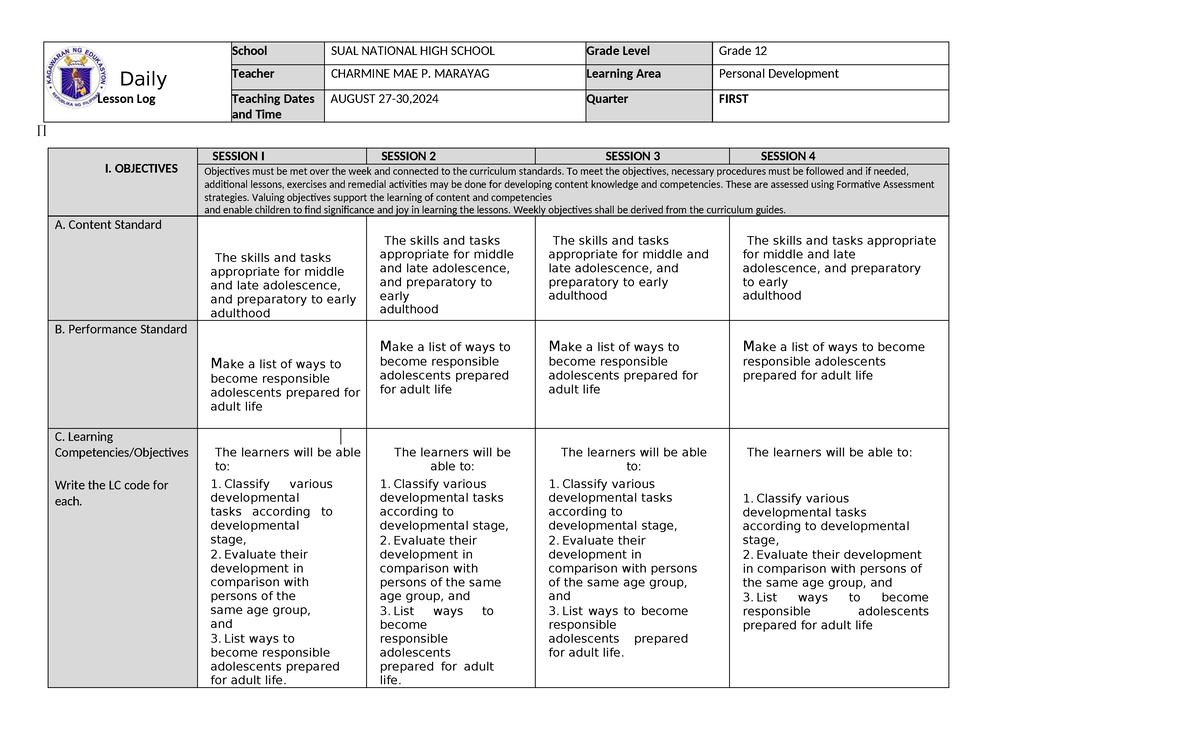 Perdev Dll Week 4 Dll Daily Lesson Log School Sual National High School Grade Level Grade 12 8126