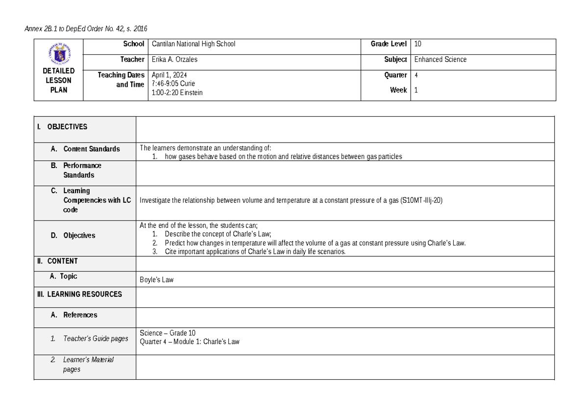 Charles-law-lp - Annex 2B to DepEd Order No. 42, s. 2016 DETAILED ...