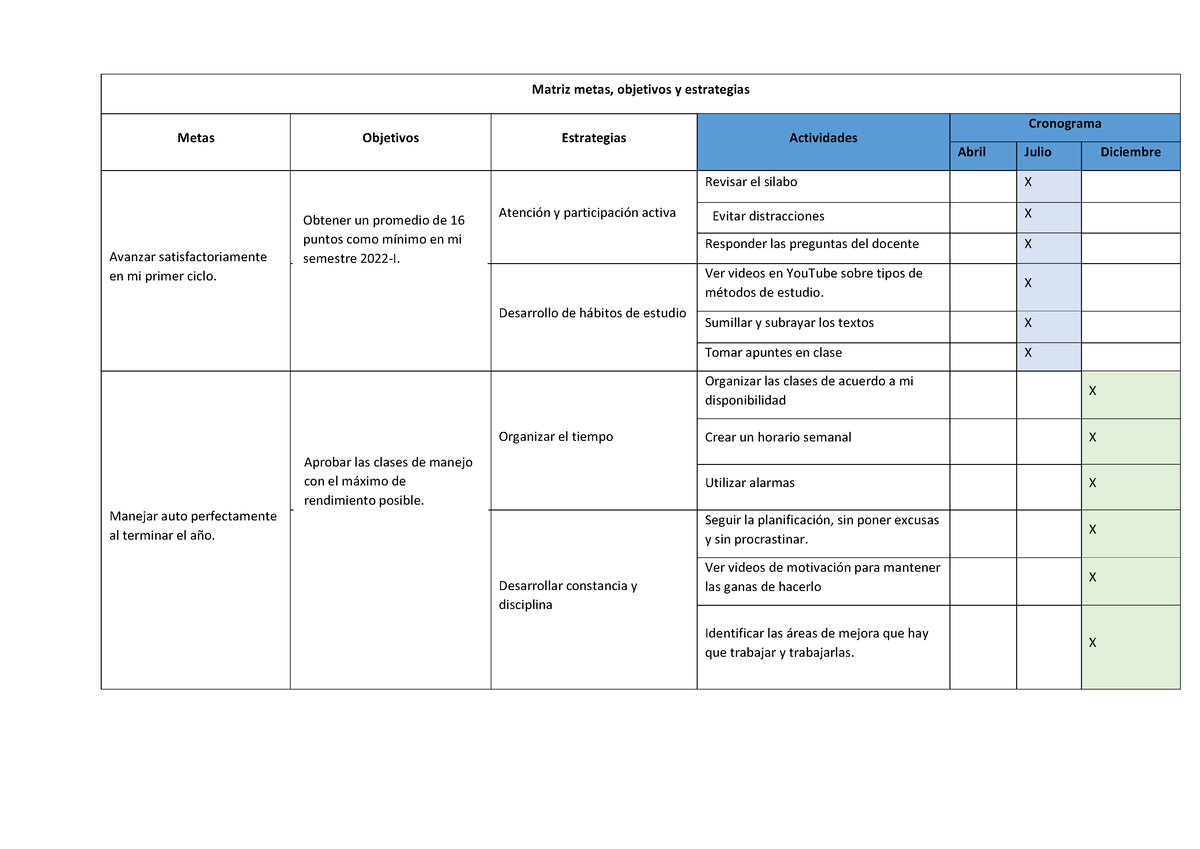 Matriz De Metas Objetivos Estrategias Y Actividades M 1398