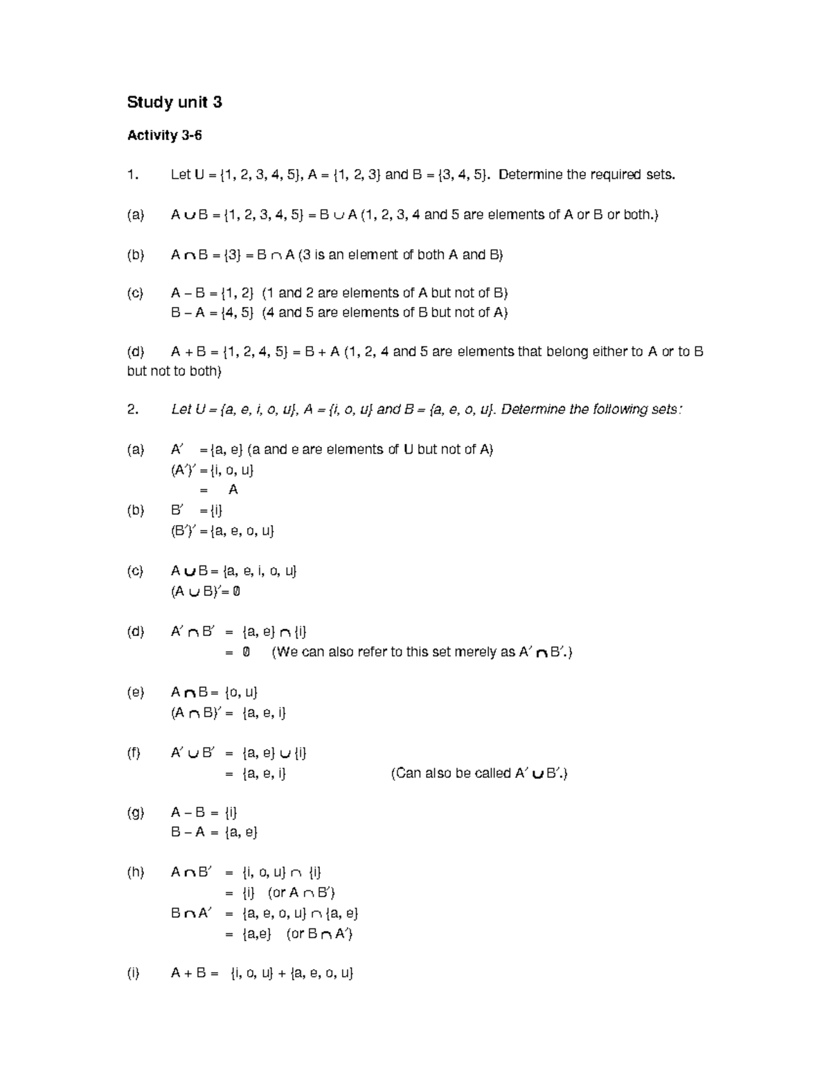 Study Unit 3 Activity 3-6 - Study unit 3 Activity 3- Let U = {1, 2, 3 ...