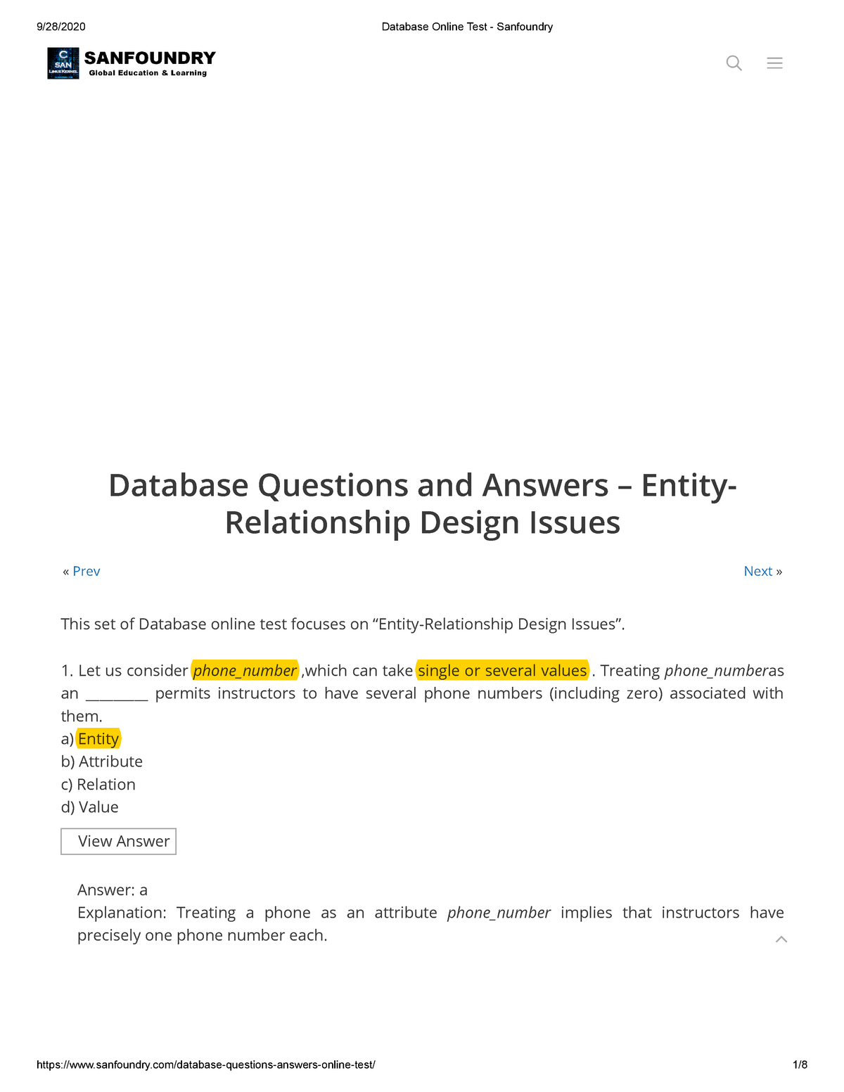 Database Online Test - Sanfoundry - « Prev Next » Database Questions ...