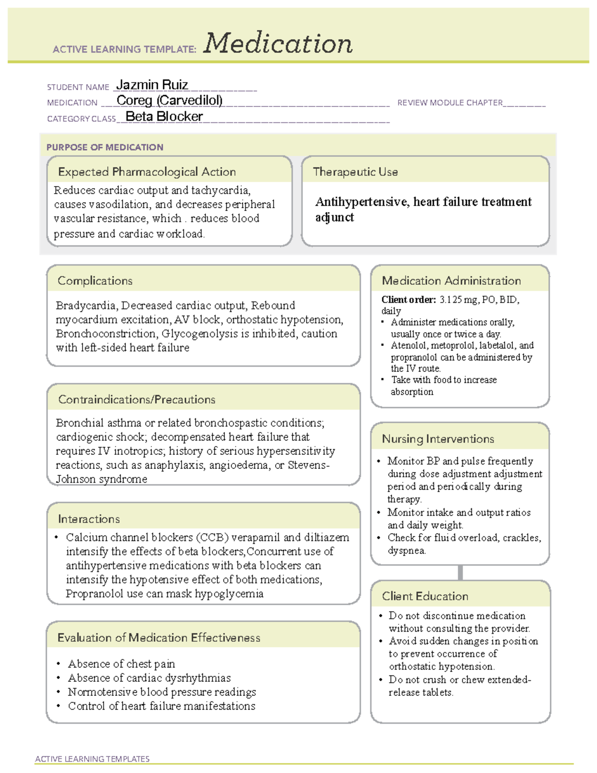 Coreg MED Sheet ATI Template ACTIVE LEARNING TEMPLATES Medication