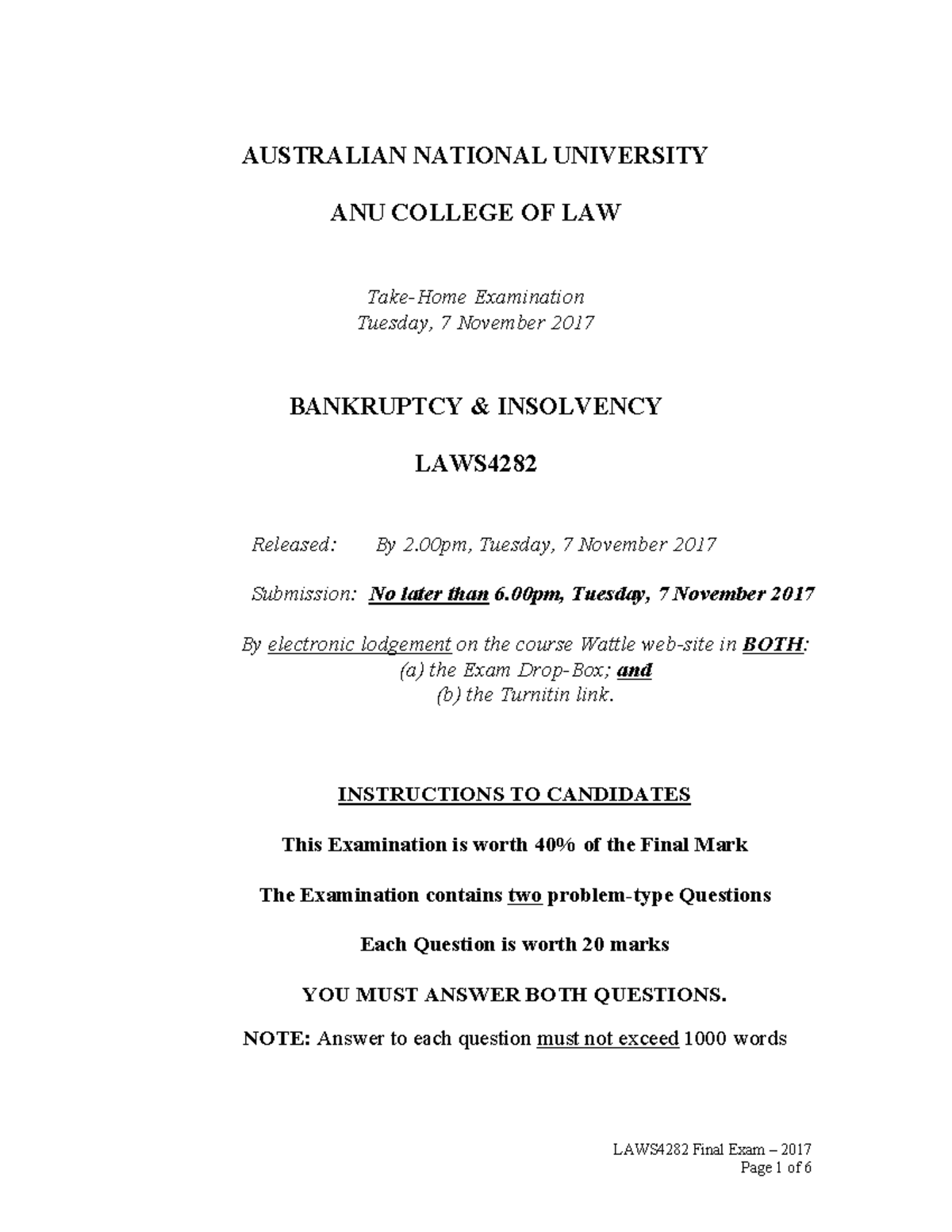 Exam November 2017, questions - AUSTRALIAN NATIONAL UNIVERSITY ANU ...