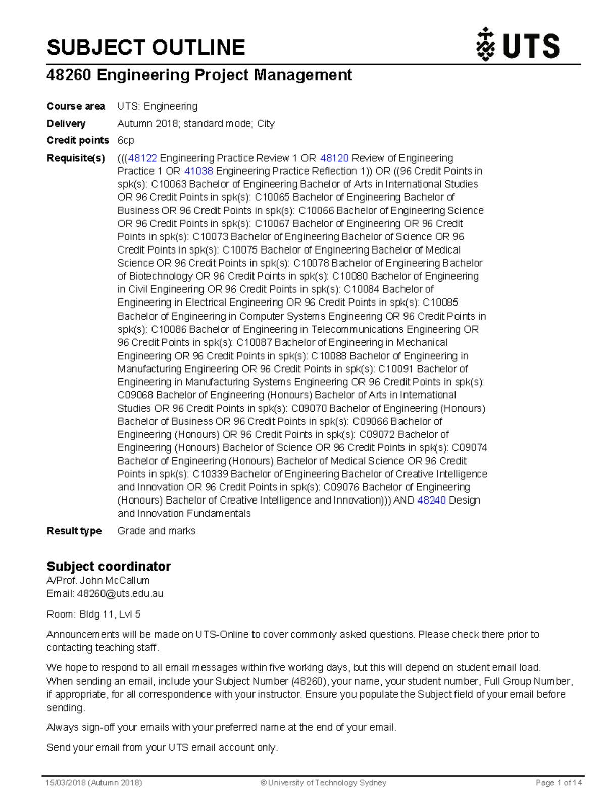 Subject Outline - Summary Engineering Project Management - SUBJECT ...