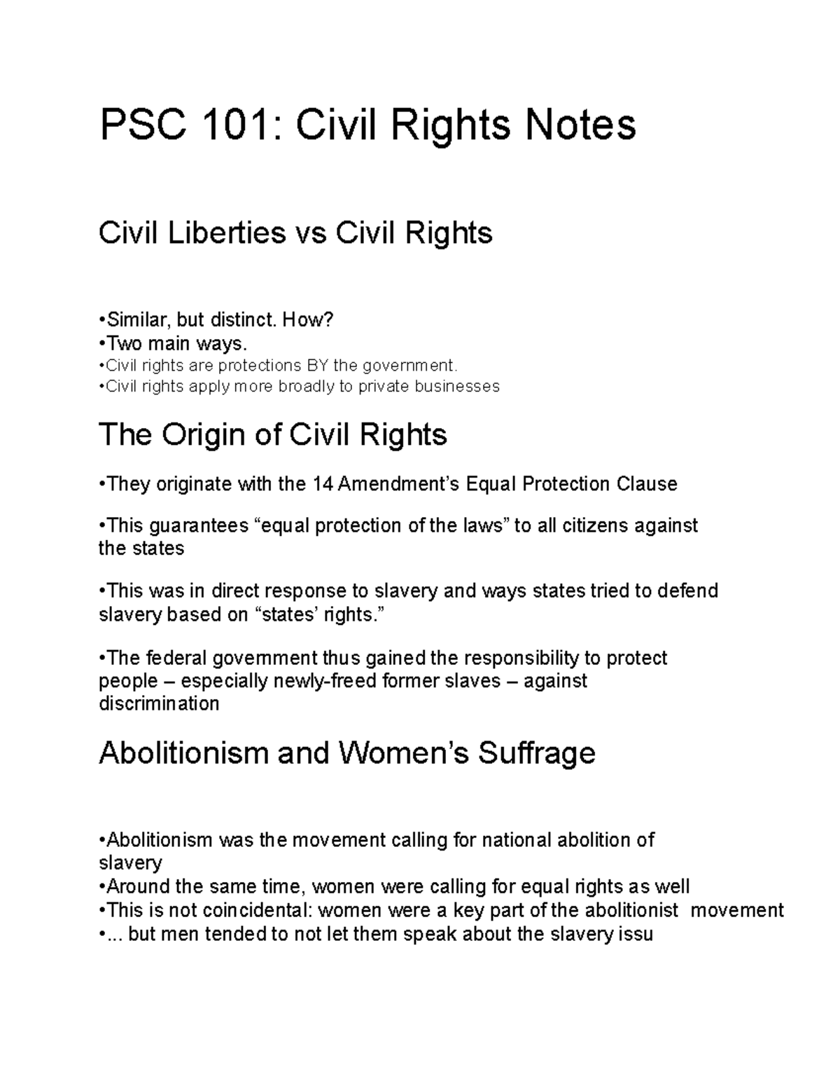 Civil Rights Notes PSC 101 Civil Rights Notes Civil Liberties vs